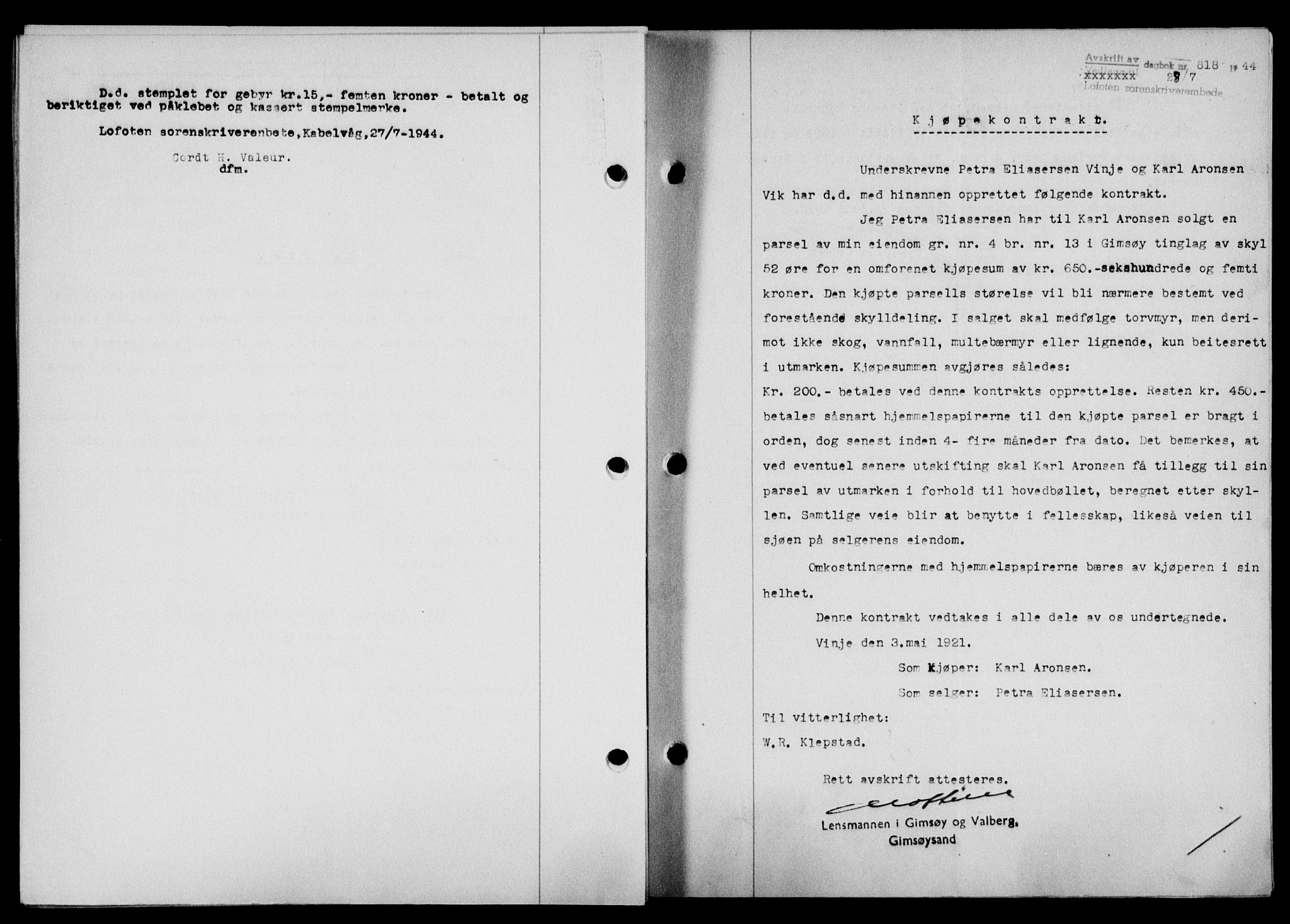 Lofoten sorenskriveri, SAT/A-0017/1/2/2C/L0012a: Mortgage book no. 12a, 1943-1944, Diary no: : 818/1944