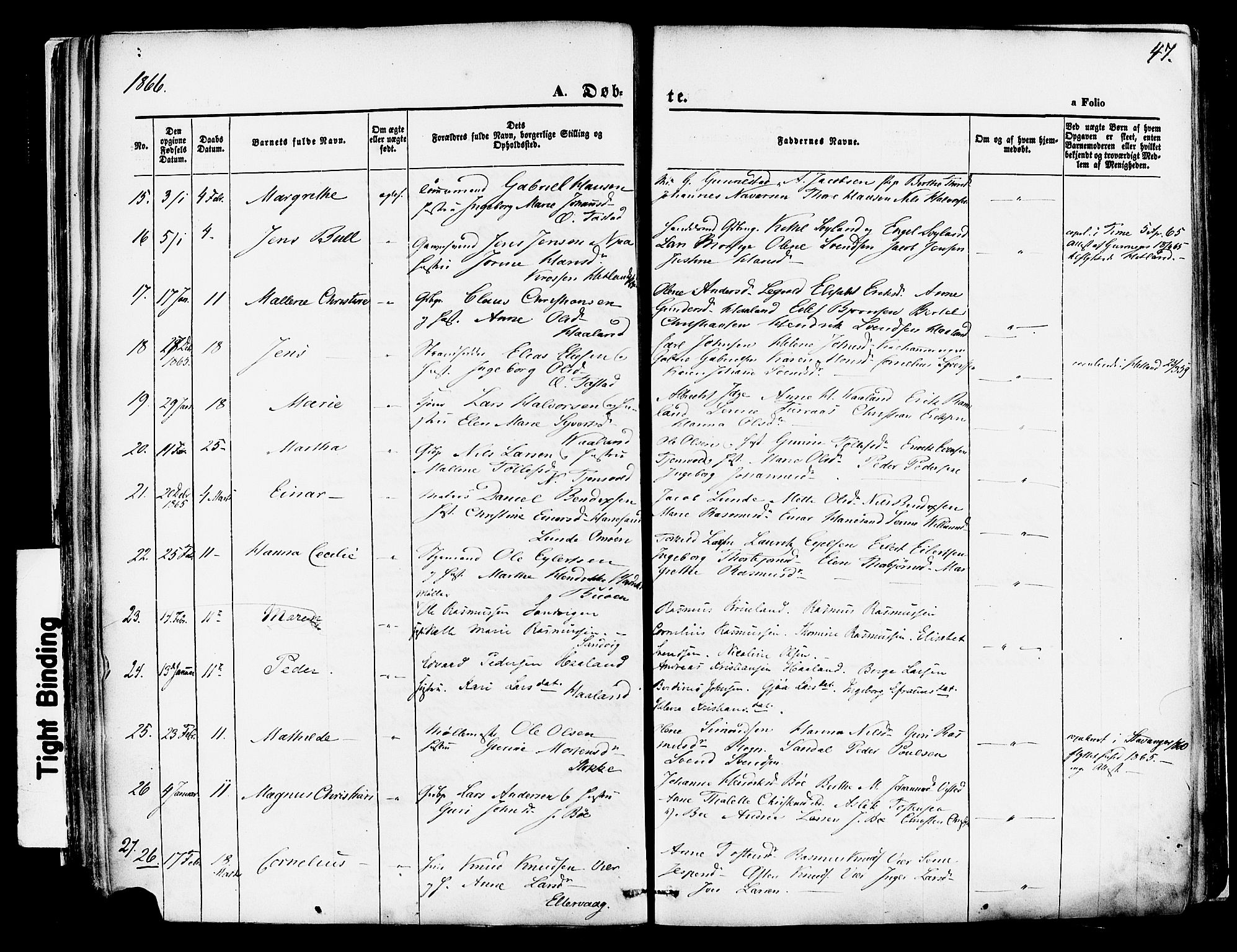 Hetland sokneprestkontor, AV/SAST-A-101826/30/30BA/L0003: Parish register (official) no. A 3, 1862-1876, p. 47