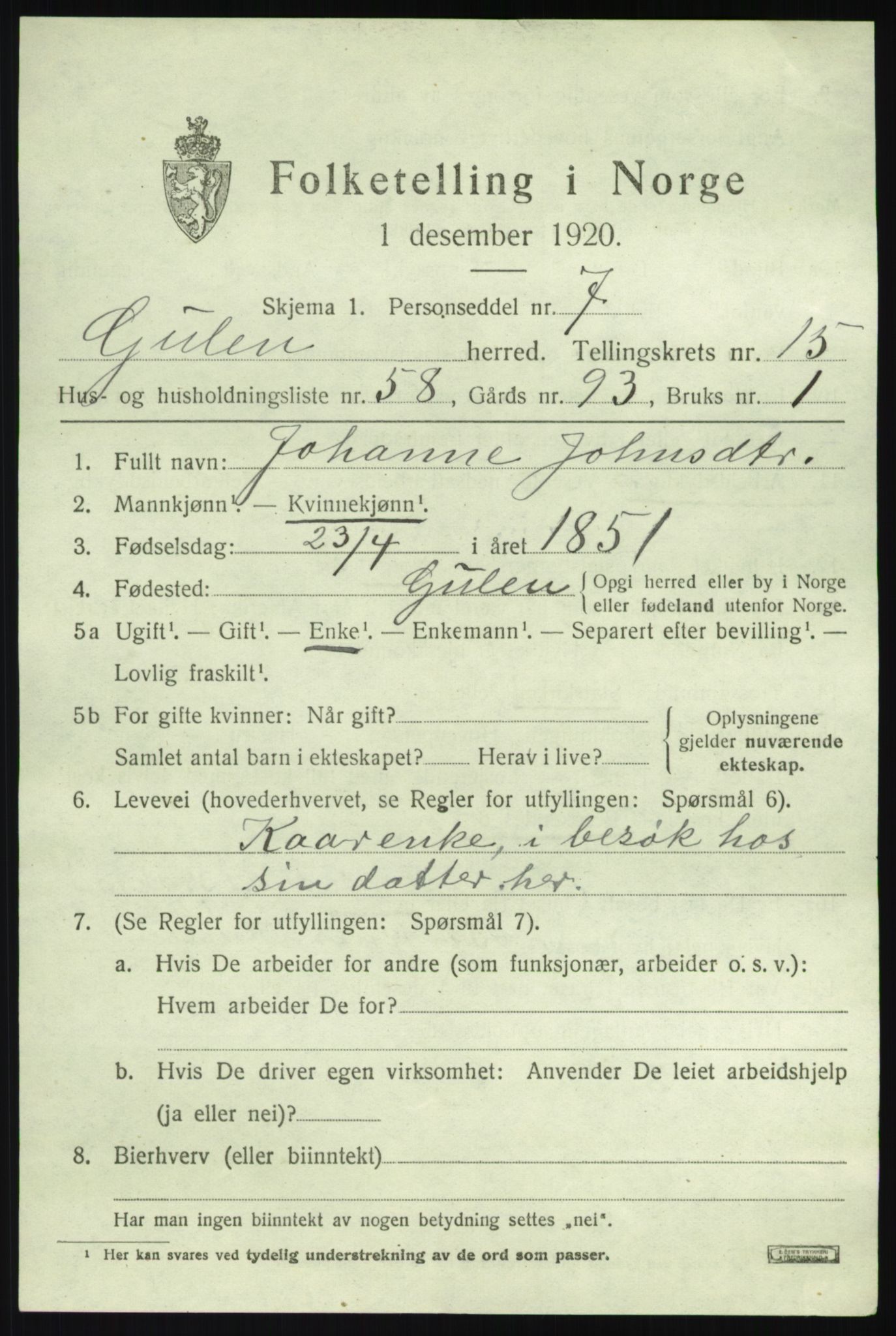 SAB, 1920 census for Gulen, 1920, p. 7161