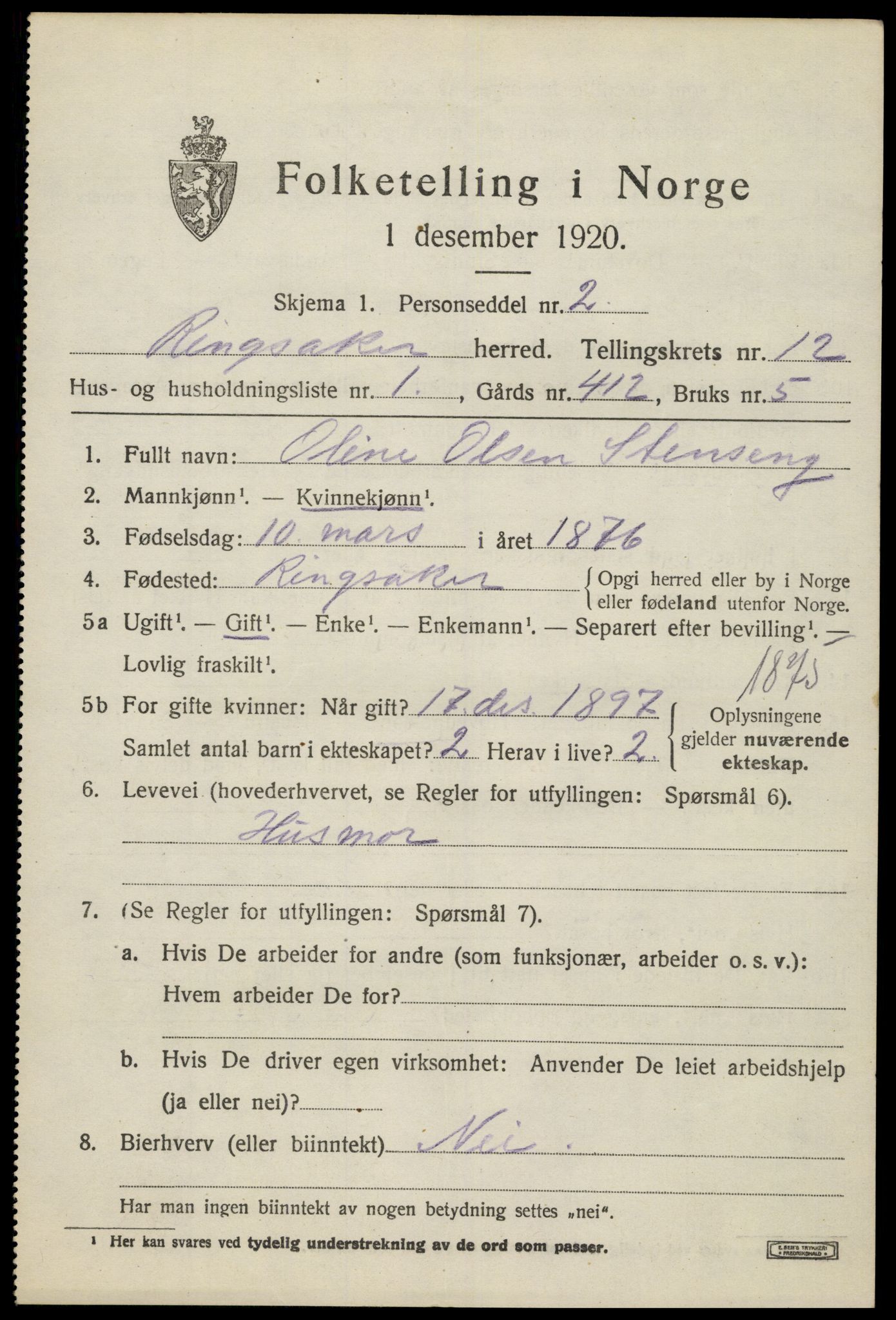 SAH, 1920 census for Ringsaker, 1920, p. 19376