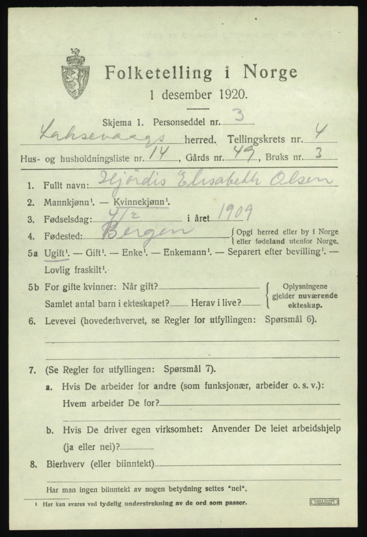 SAB, 1920 census for Laksevåg, 1920, p. 13606