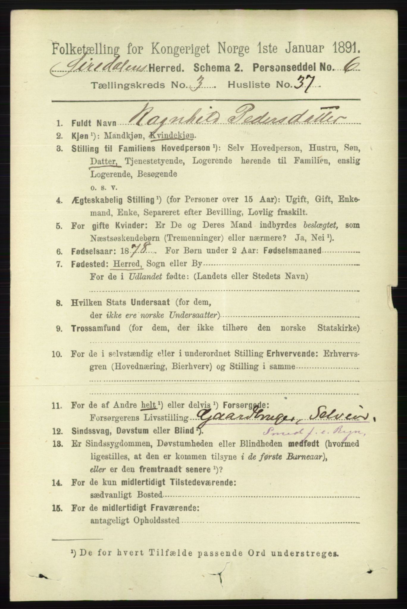 RA, 1891 census for 1046 Sirdal, 1891, p. 880