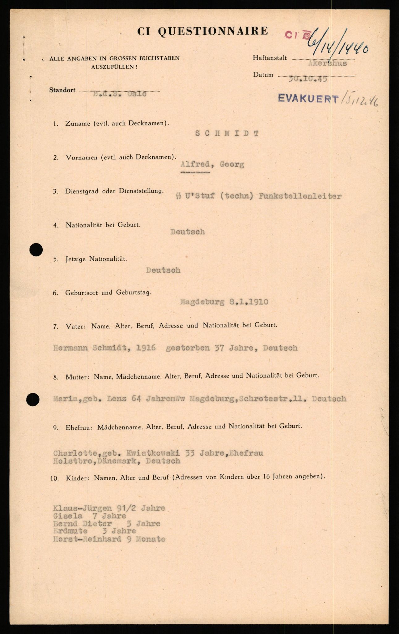 Forsvaret, Forsvarets overkommando II, RA/RAFA-3915/D/Db/L0029: CI Questionaires. Tyske okkupasjonsstyrker i Norge. Tyskere., 1945-1946, p. 345