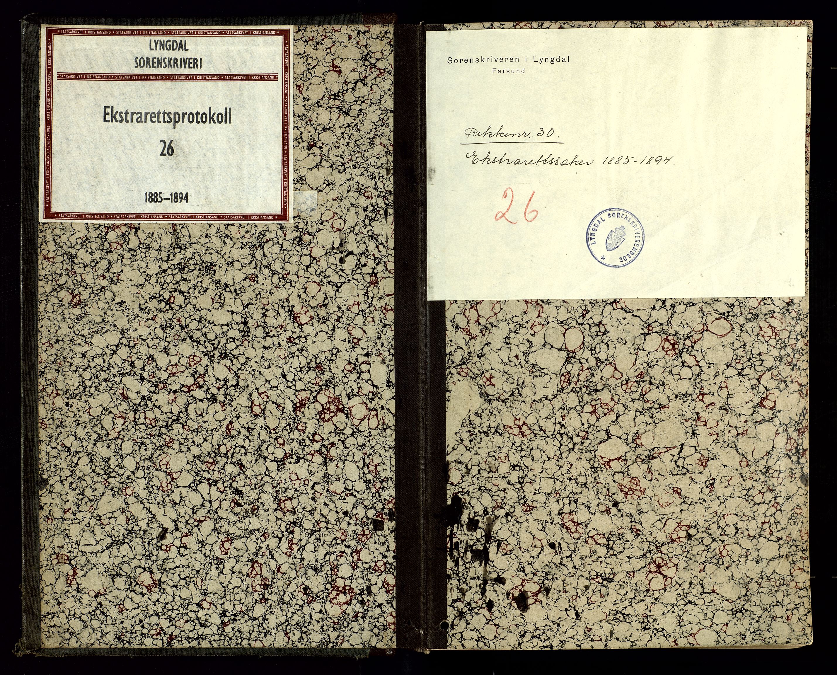 Lyngdal sorenskriveri, SAK/1221-0004/F/Fb/L0090: Ekstrarettsprotokoll nr. 26, 1885-1894