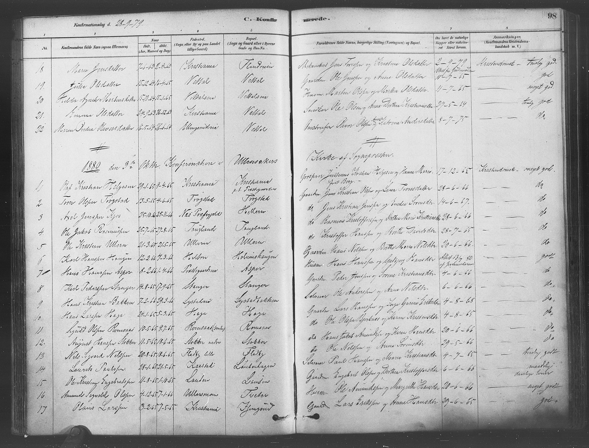Ullensaker prestekontor Kirkebøker, SAO/A-10236a/F/Fa/L0019: Parish register (official) no. I 19, 1878-1891, p. 98