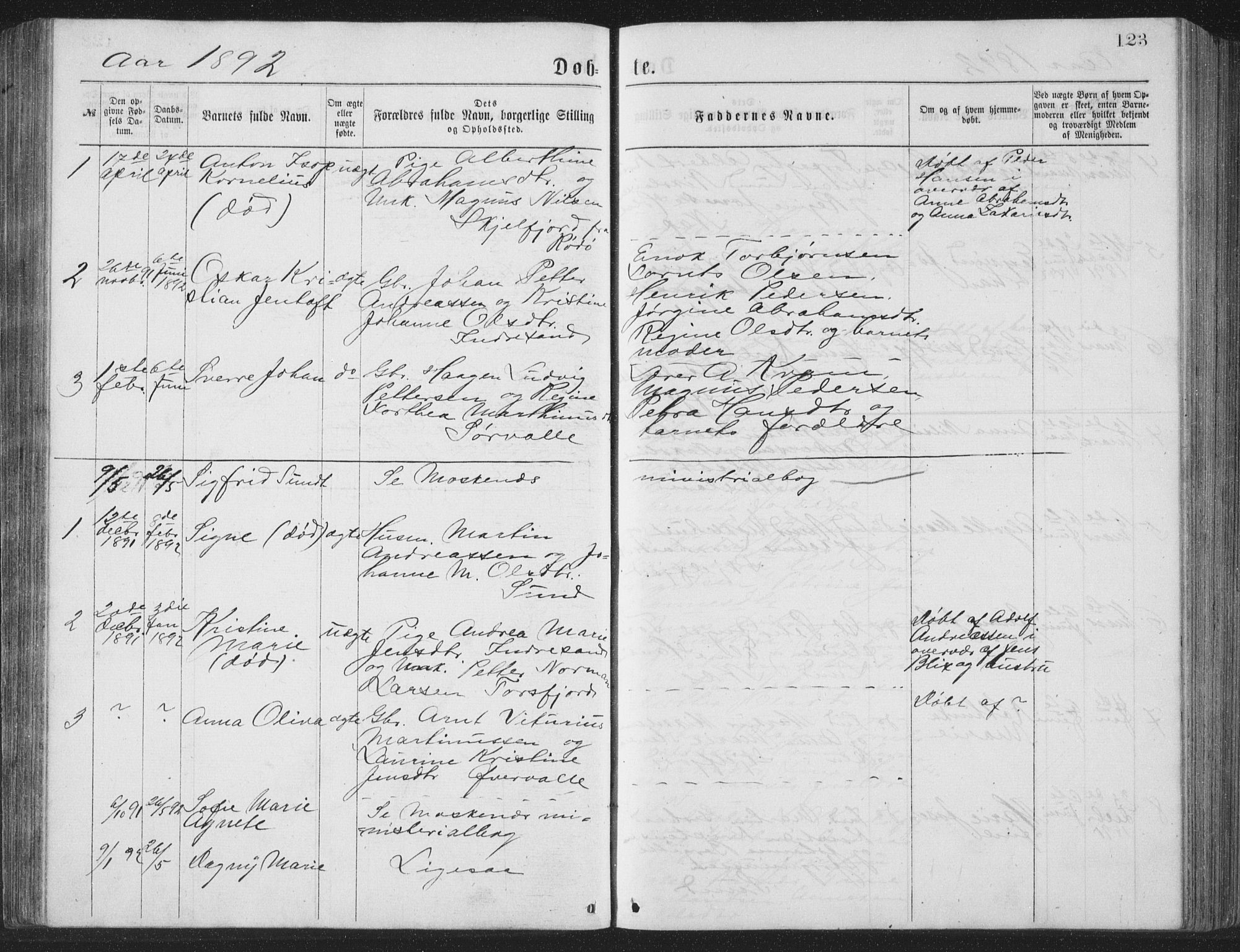 Ministerialprotokoller, klokkerbøker og fødselsregistre - Nordland, AV/SAT-A-1459/885/L1213: Parish register (copy) no. 885C02, 1874-1892, p. 123