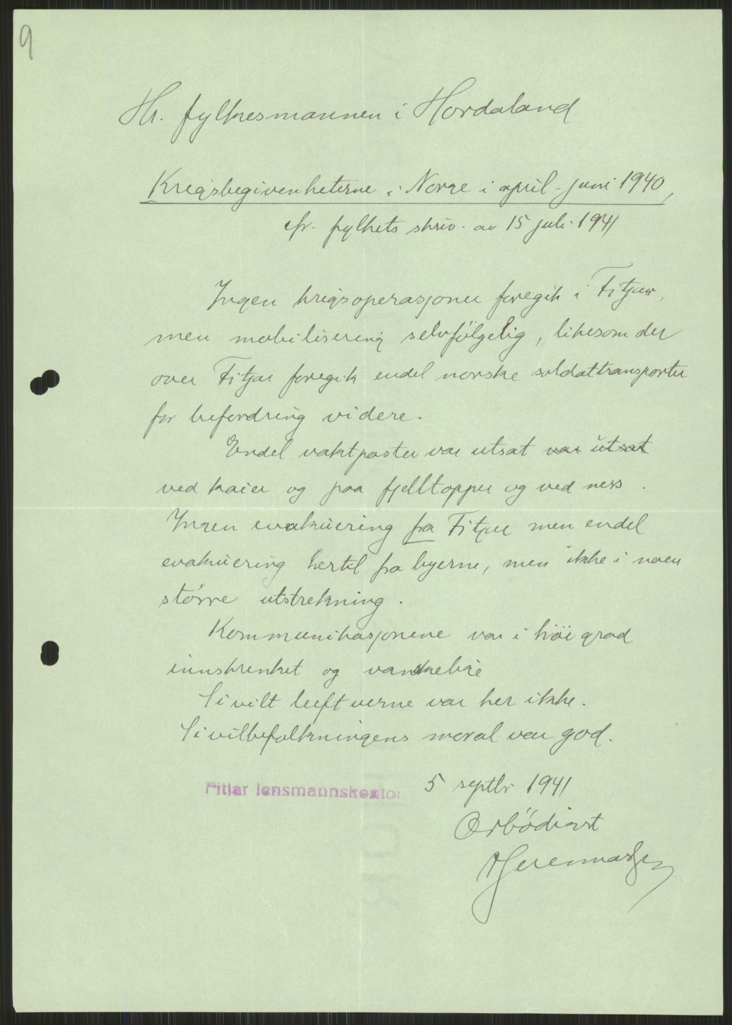 Forsvaret, Forsvarets krigshistoriske avdeling, AV/RA-RAFA-2017/Y/Ya/L0015: II-C-11-31 - Fylkesmenn.  Rapporter om krigsbegivenhetene 1940., 1940, p. 301