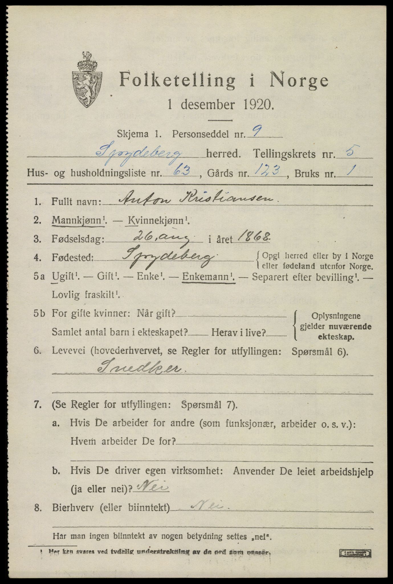 SAO, 1920 census for Spydeberg, 1920, p. 6921