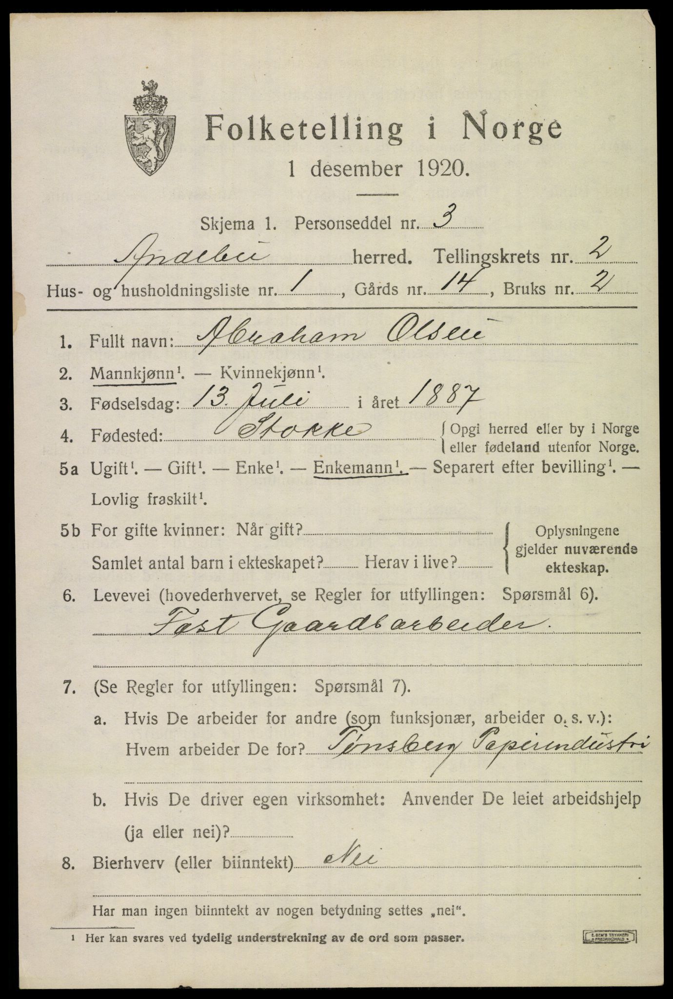 SAKO, 1920 census for Andebu, 1920, p. 1500