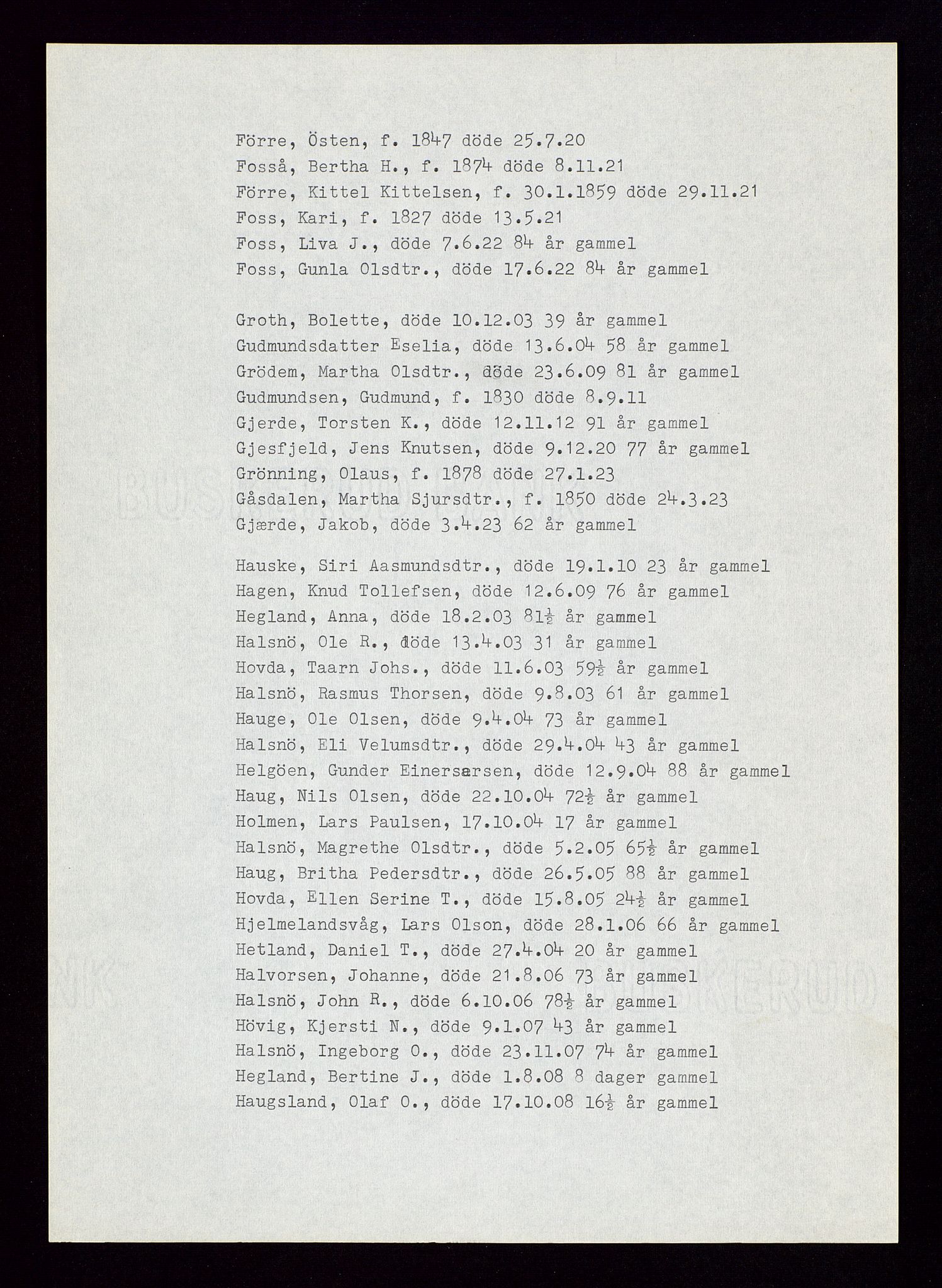 Hjelmeland lensmannskontor, AV/SAST-A-100439/Gga/L0001: "Register til dødsfallprotokollene i Hjelmeland", 1903-1962, p. 8