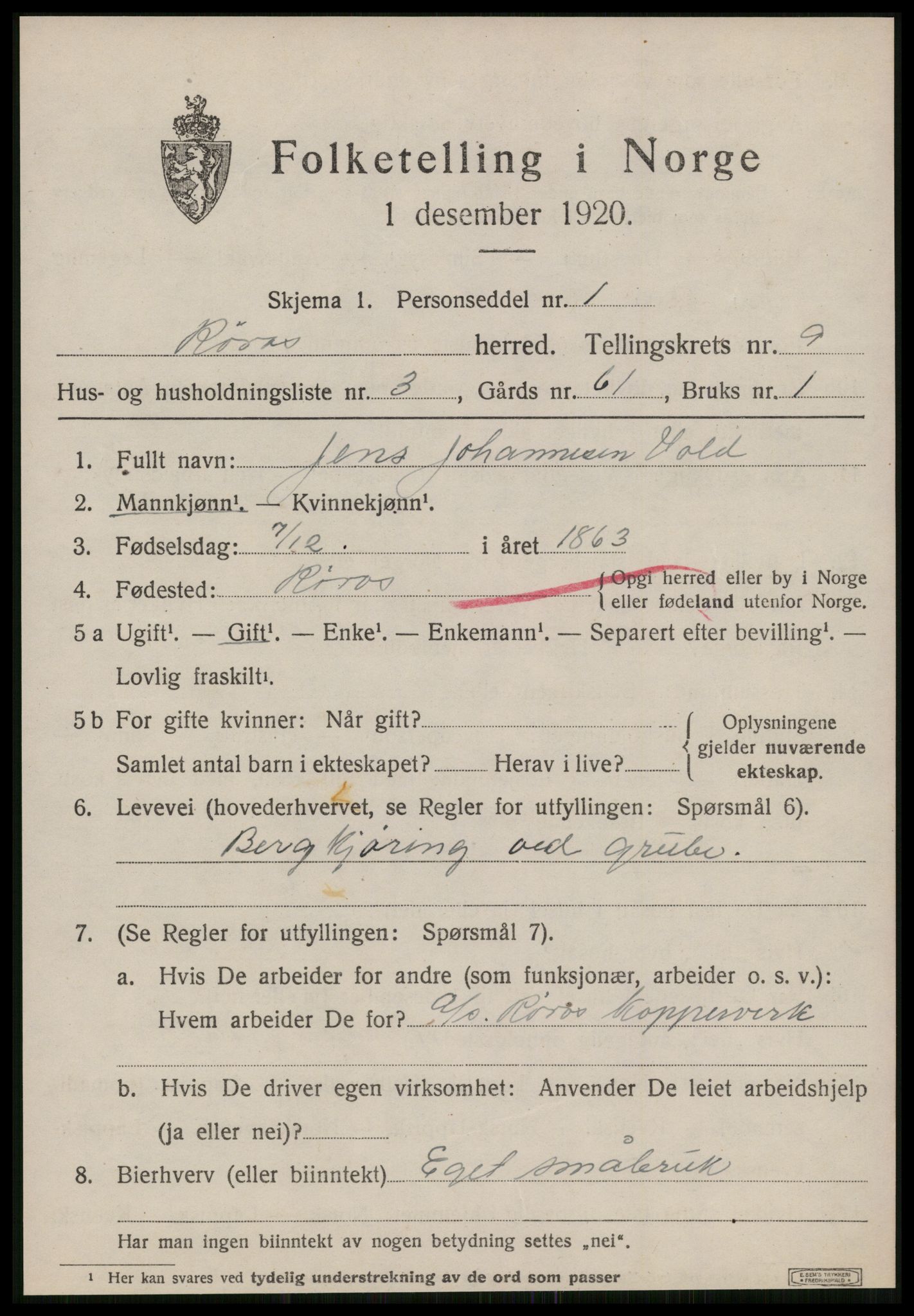 SAT, 1920 census for Røros, 1920, p. 7712