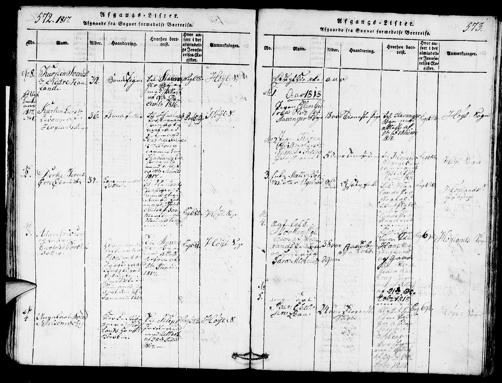Høyland sokneprestkontor, SAST/A-101799/001/30BA/L0006: Parish register (official) no. A 6, 1815-1825, p. 572-573