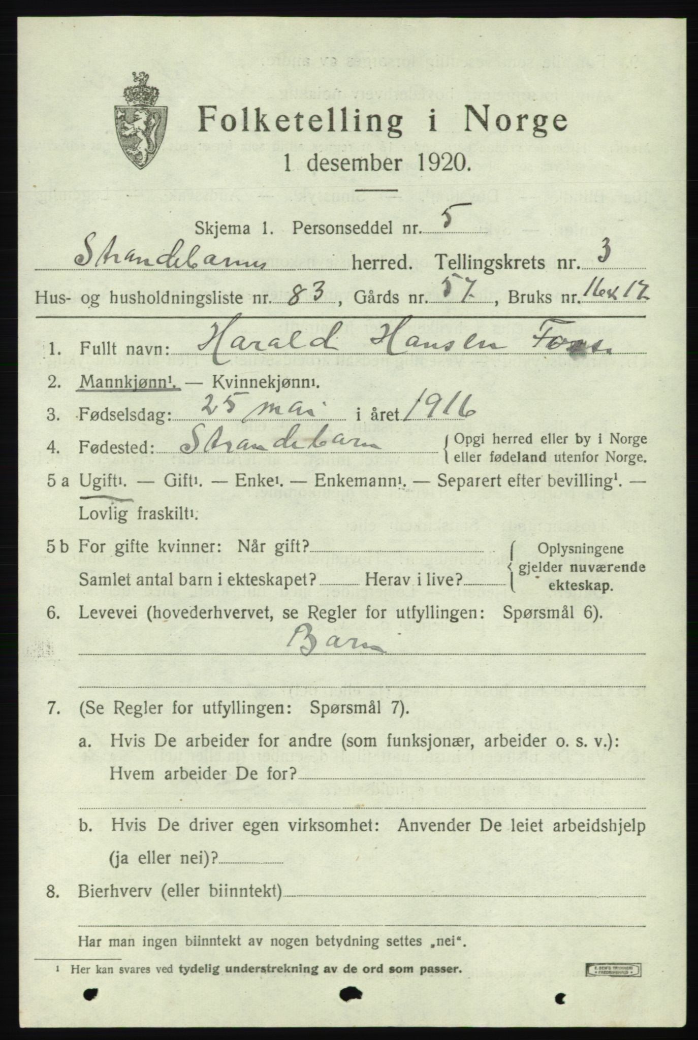 SAB, 1920 census for Strandebarm, 1920, p. 3454