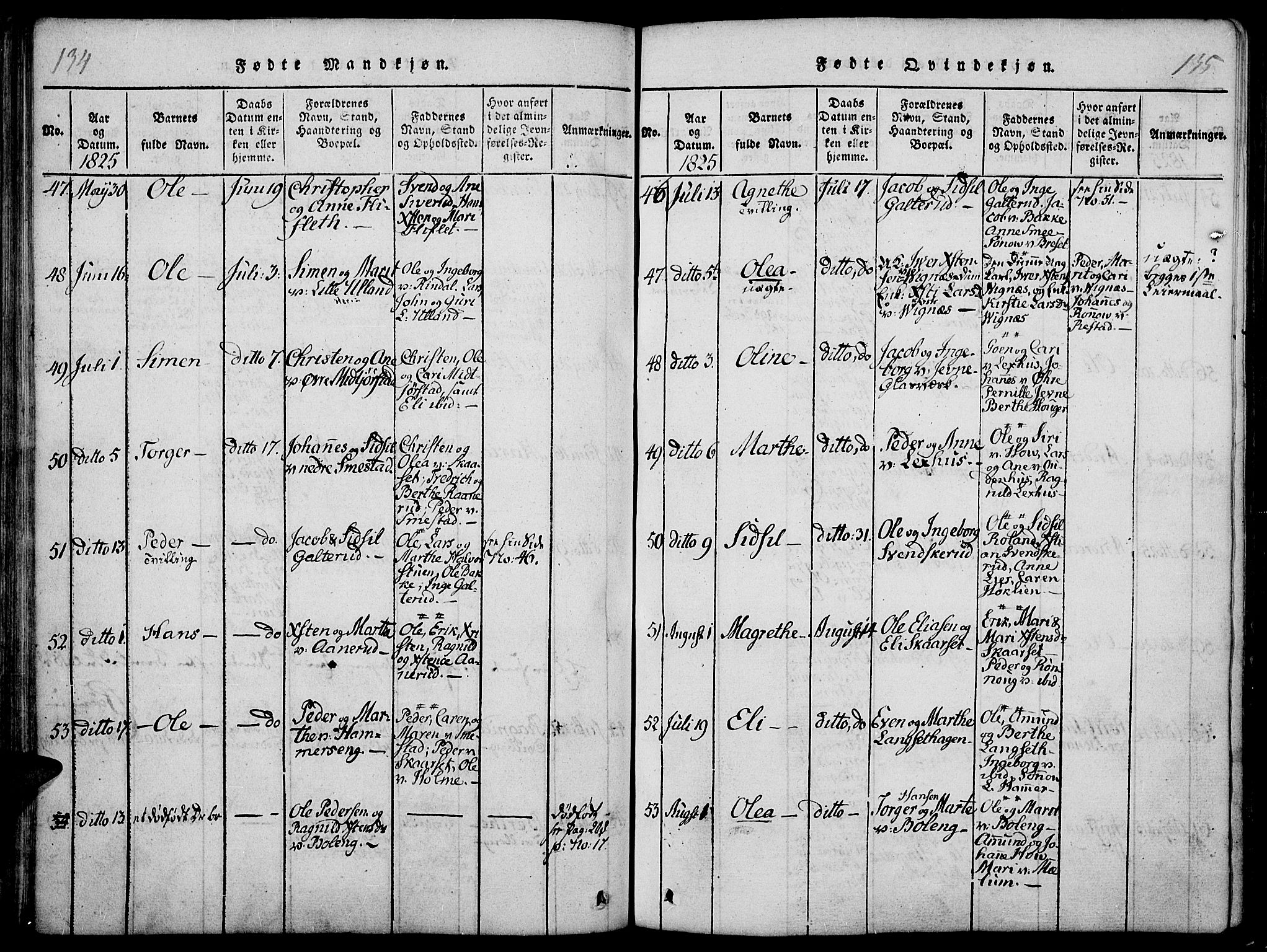 Fåberg prestekontor, AV/SAH-PREST-086/H/Ha/Haa/L0003: Parish register (official) no. 3, 1818-1833, p. 134-135