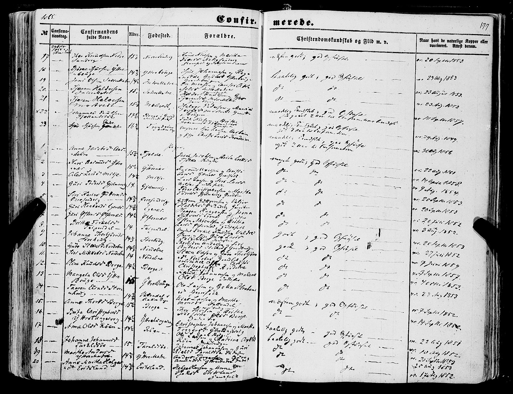 Skånevik sokneprestembete, SAB/A-77801/H/Haa: Parish register (official) no. A 5I, 1848-1869, p. 177