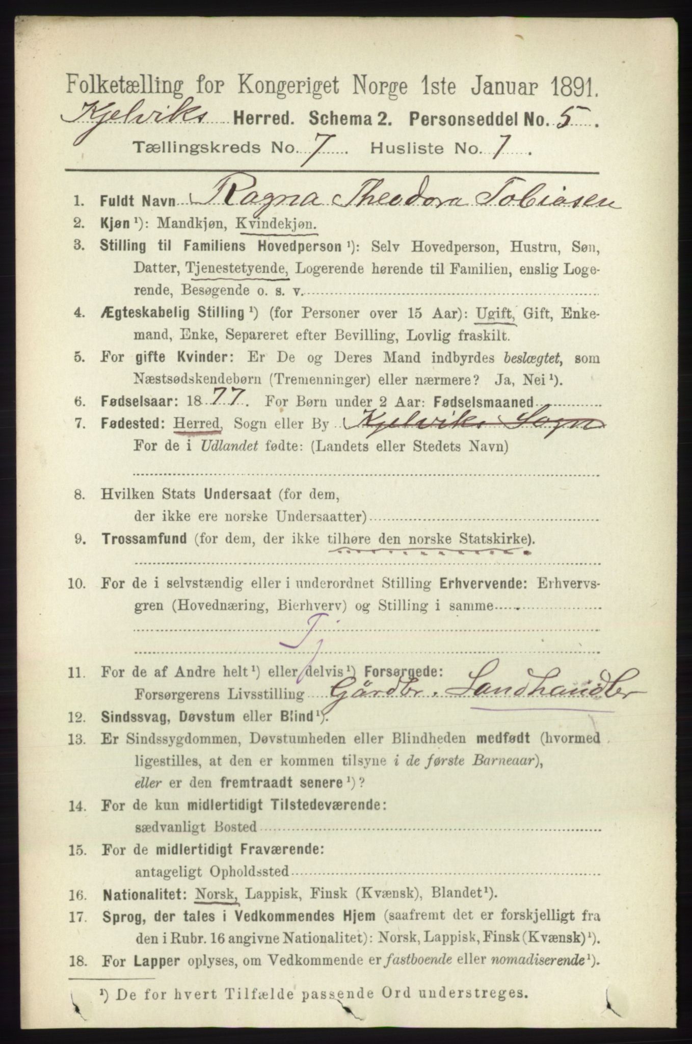 RA, 1891 census for 2019 Kjelvik, 1891, p. 929