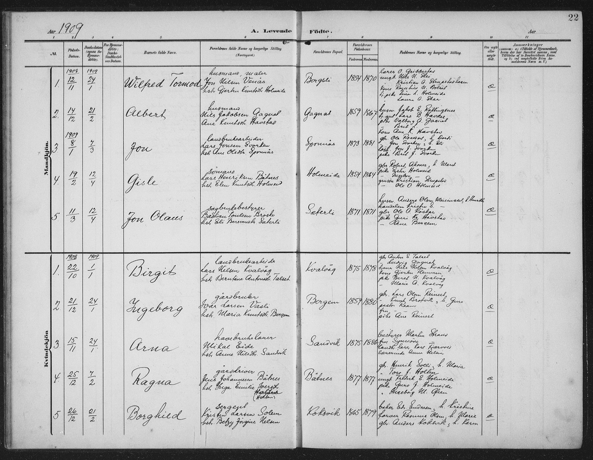 Ministerialprotokoller, klokkerbøker og fødselsregistre - Møre og Romsdal, AV/SAT-A-1454/586/L0989: Parish register (official) no. 586A15, 1906-1915, p. 22