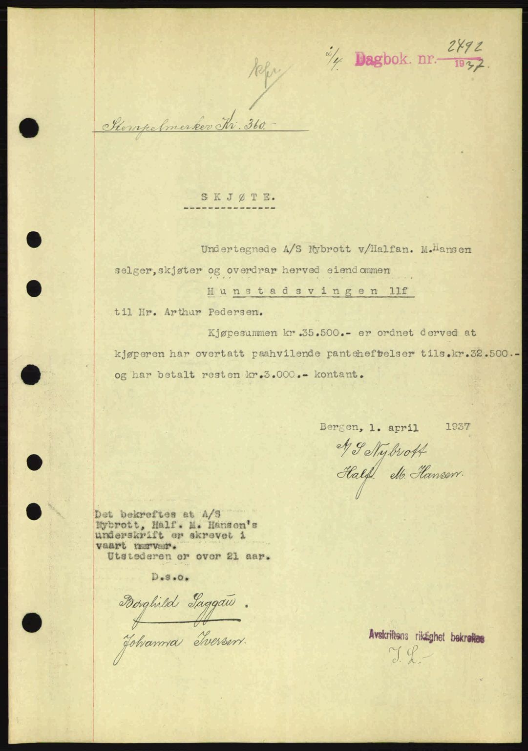 Byfogd og Byskriver i Bergen, SAB/A-3401/03/03Bc/L0004: Mortgage book no. A3-4, 1936-1937, Diary no: : 2492/1937