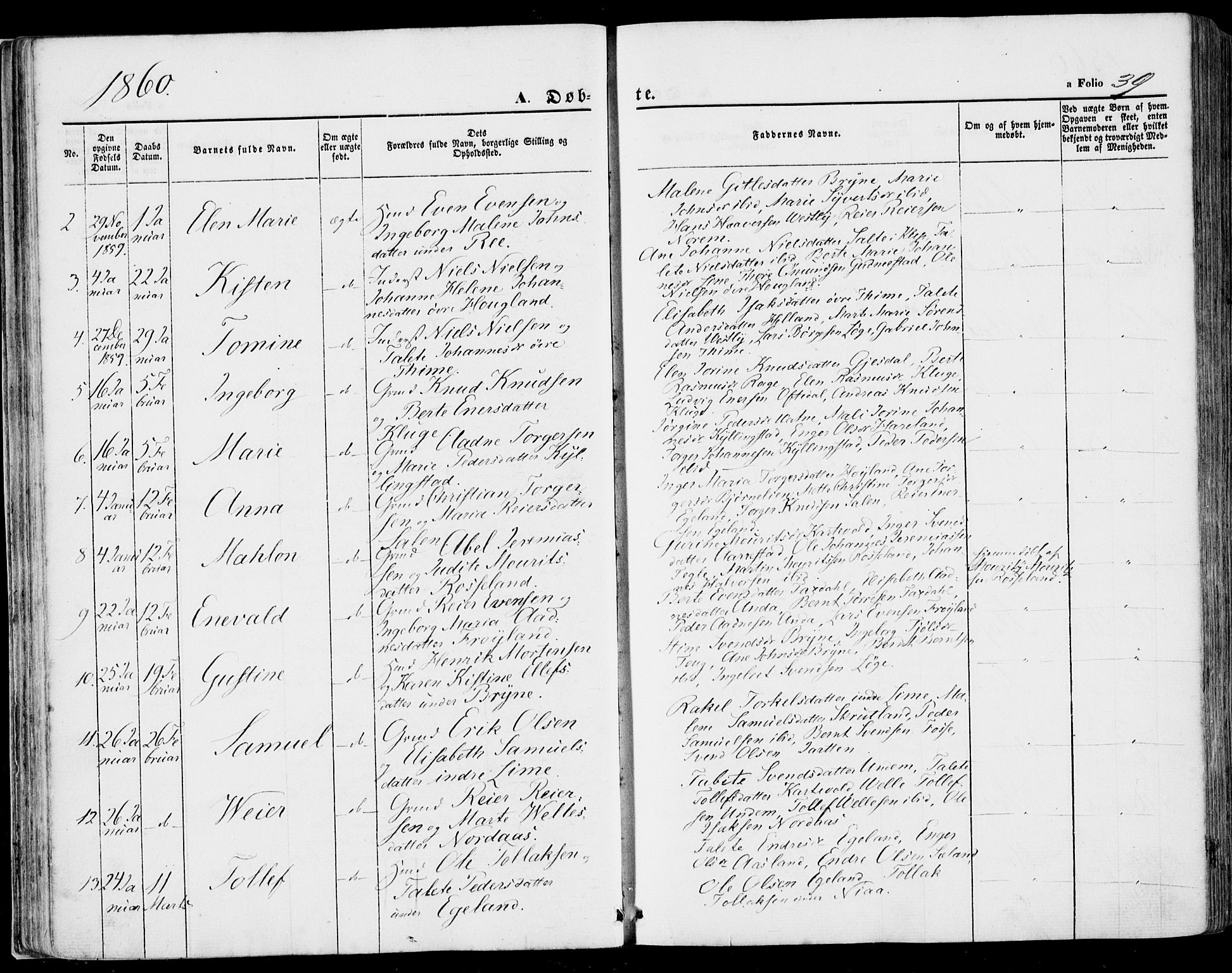 Lye sokneprestkontor, SAST/A-101794/001/30BA/L0007: Parish register (official) no. A 6, 1856-1871, p. 39