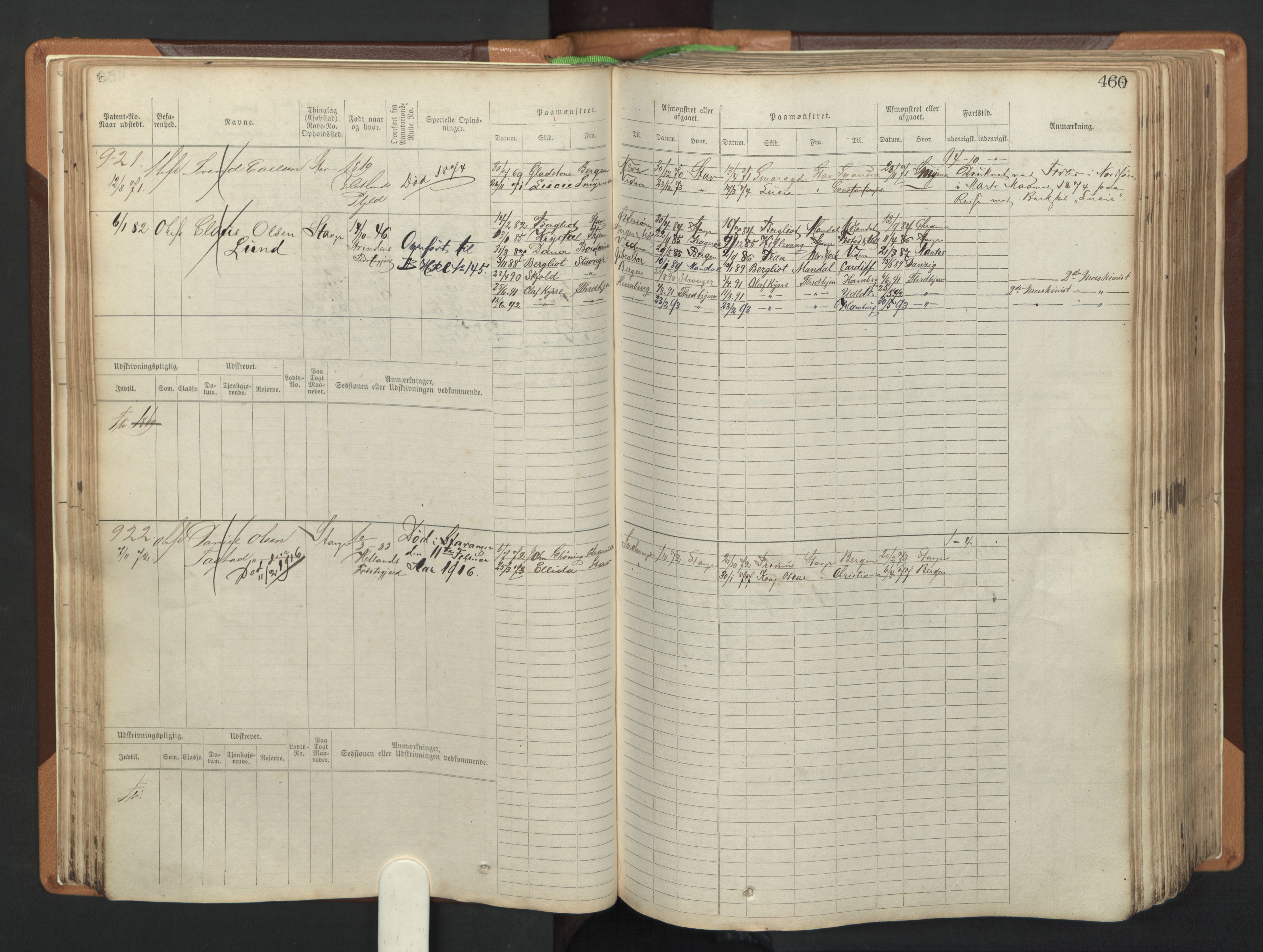 Stavanger sjømannskontor, AV/SAST-A-102006/F/Fb/Fbb/L0005: Sjøfartshovedrulle, patentnr. 793-1606 (del 2), 1869-1880, p. 70