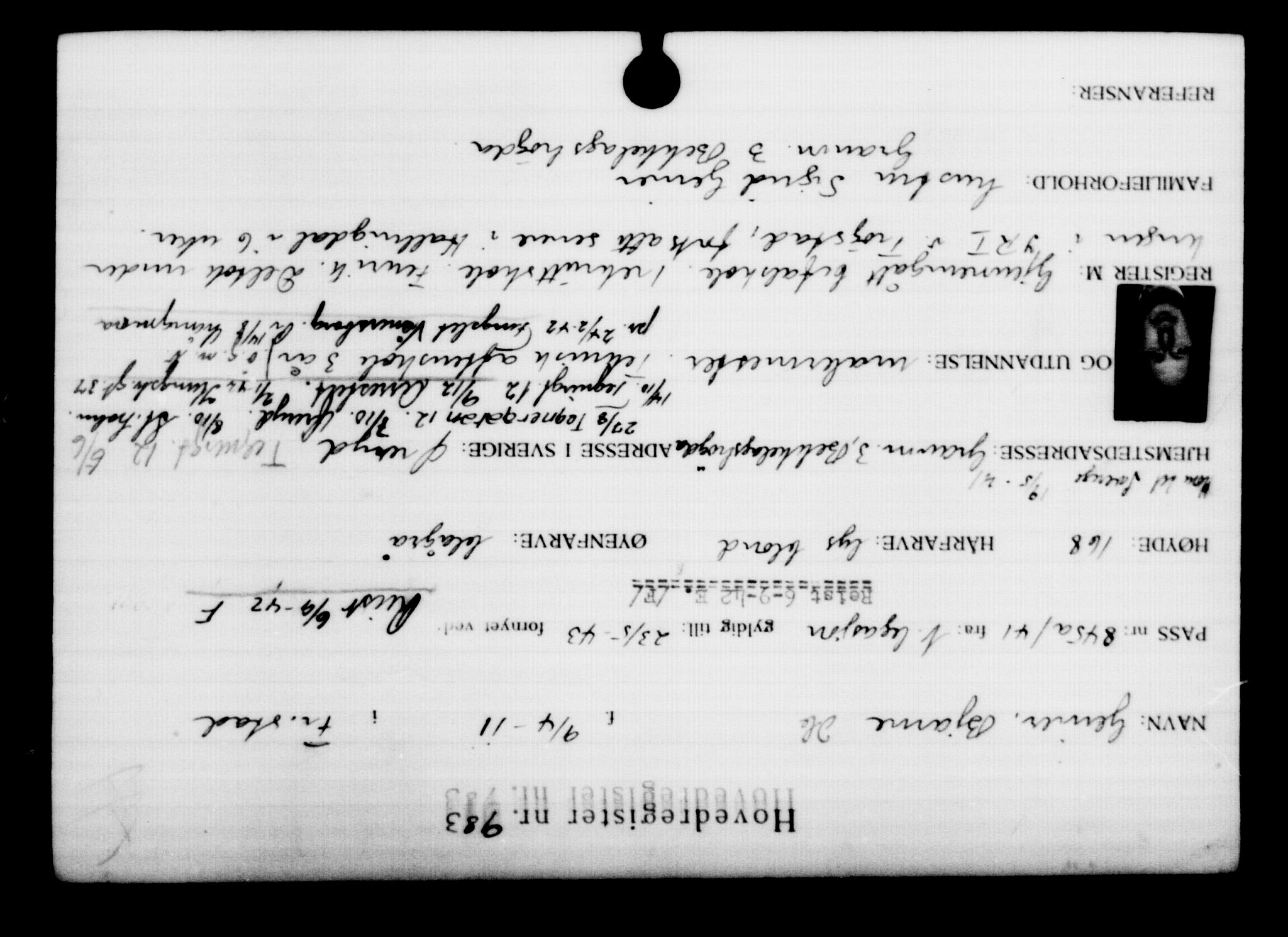 Utenriksstasjonene, Legasjonen i Stockholm, Flyktningkontoret, AV/RA-S-6753/V/Va/L0001: Kjesäterkartoteket, flyktninger med registreringsnr. 1-1000, 1940-1945, p. 1524