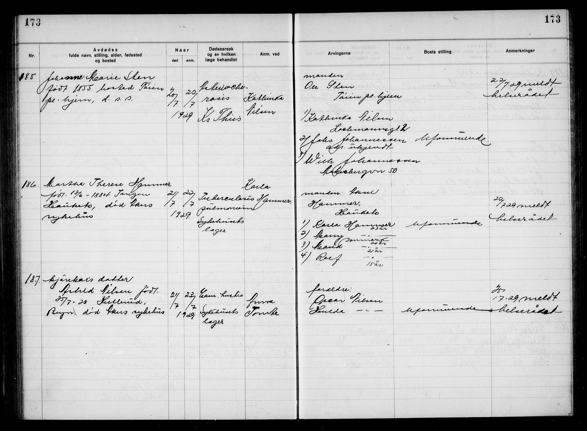 Aker kriminaldommer, skifte- og auksjonsforvalterembete, AV/SAO-A-10452/H/Hb/Hba/Hbac/L0002: Dødsfallsprotokoll for Østre Aker, 1927-1931, p. 173