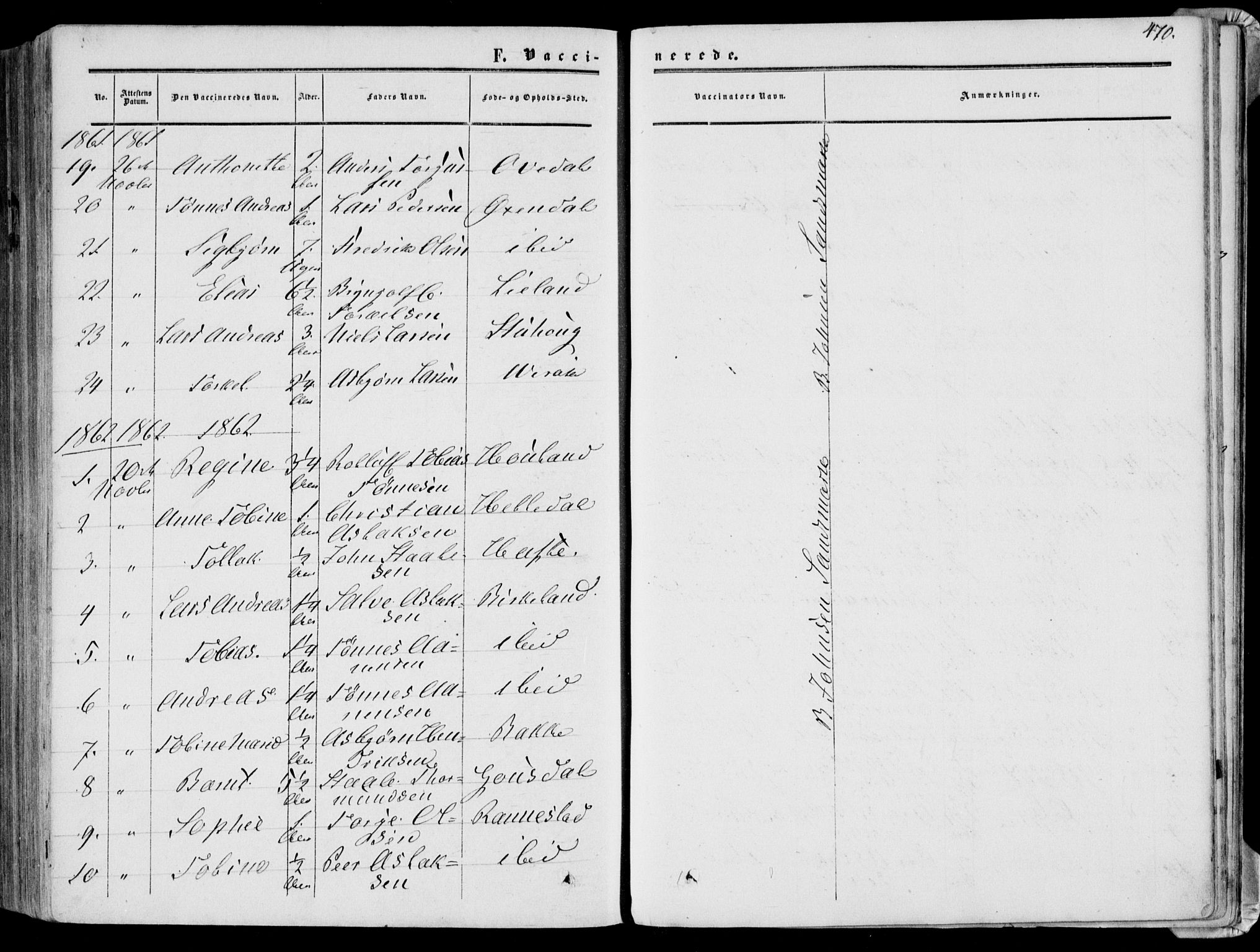 Bakke sokneprestkontor, SAK/1111-0002/F/Fa/Faa/L0006: Parish register (official) no. A 6, 1855-1877, p. 470