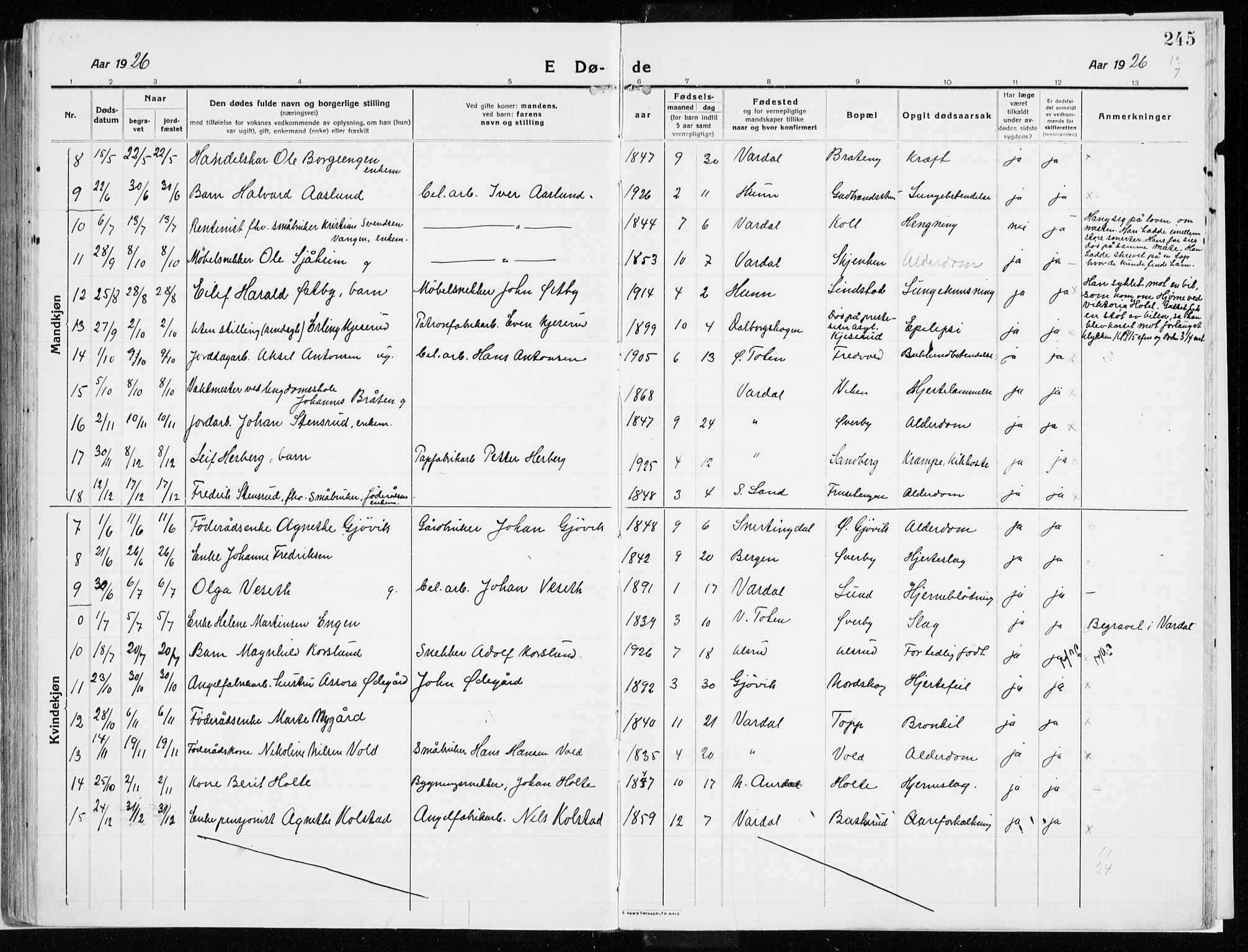 Vardal prestekontor, AV/SAH-PREST-100/H/Ha/Haa/L0017: Parish register (official) no. 17, 1915-1929, p. 245