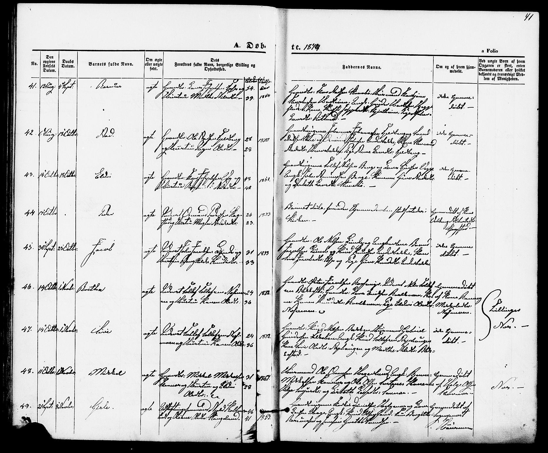 Suldal sokneprestkontor, AV/SAST-A-101845/01/IV/L0010: Parish register (official) no. A 10, 1869-1878, p. 41