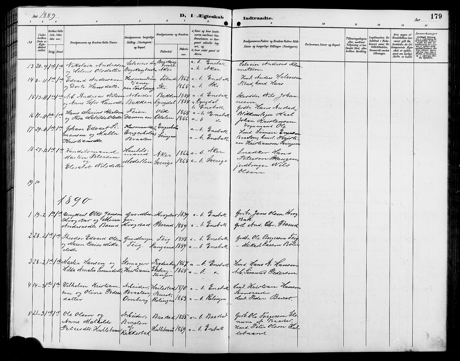 Enebakk prestekontor Kirkebøker, SAO/A-10171c/G/Ga/L0006: Parish register (copy) no. I 6, 1889-1911, p. 179