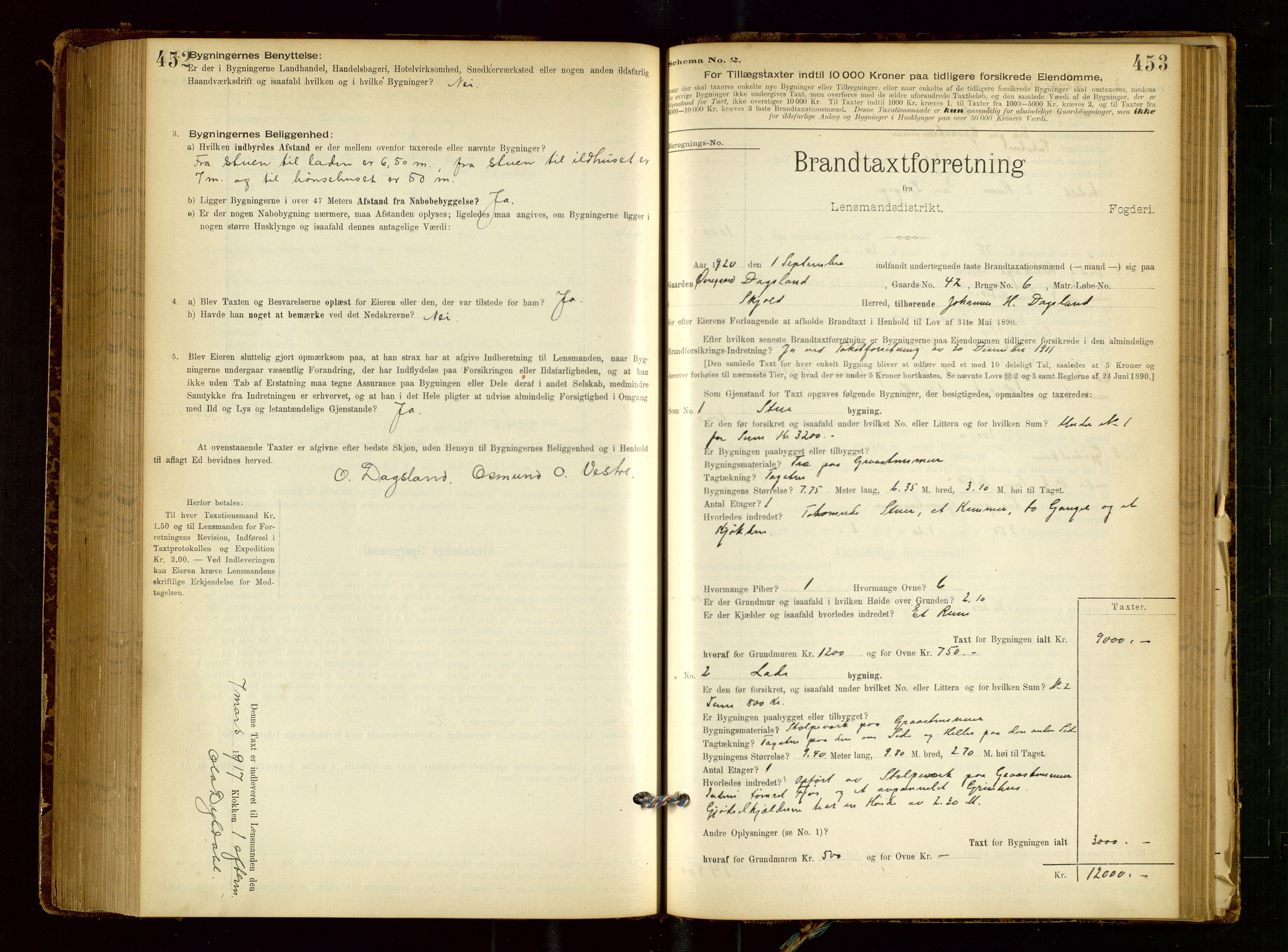 Skjold lensmannskontor, SAST/A-100182/Gob/L0001: "Brandtaxationsprotokol for Skjold Lensmandsdistrikt Ryfylke Fogderi", 1894-1939, p. 452-453