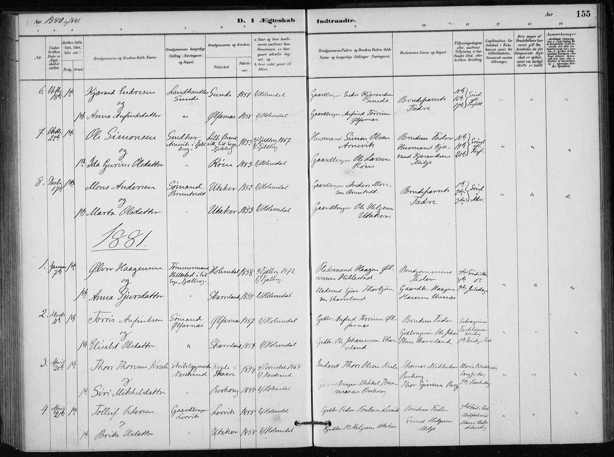 Skånevik sokneprestembete, AV/SAB-A-77801/H/Haa: Parish register (official) no. C  1, 1879-1917, p. 155