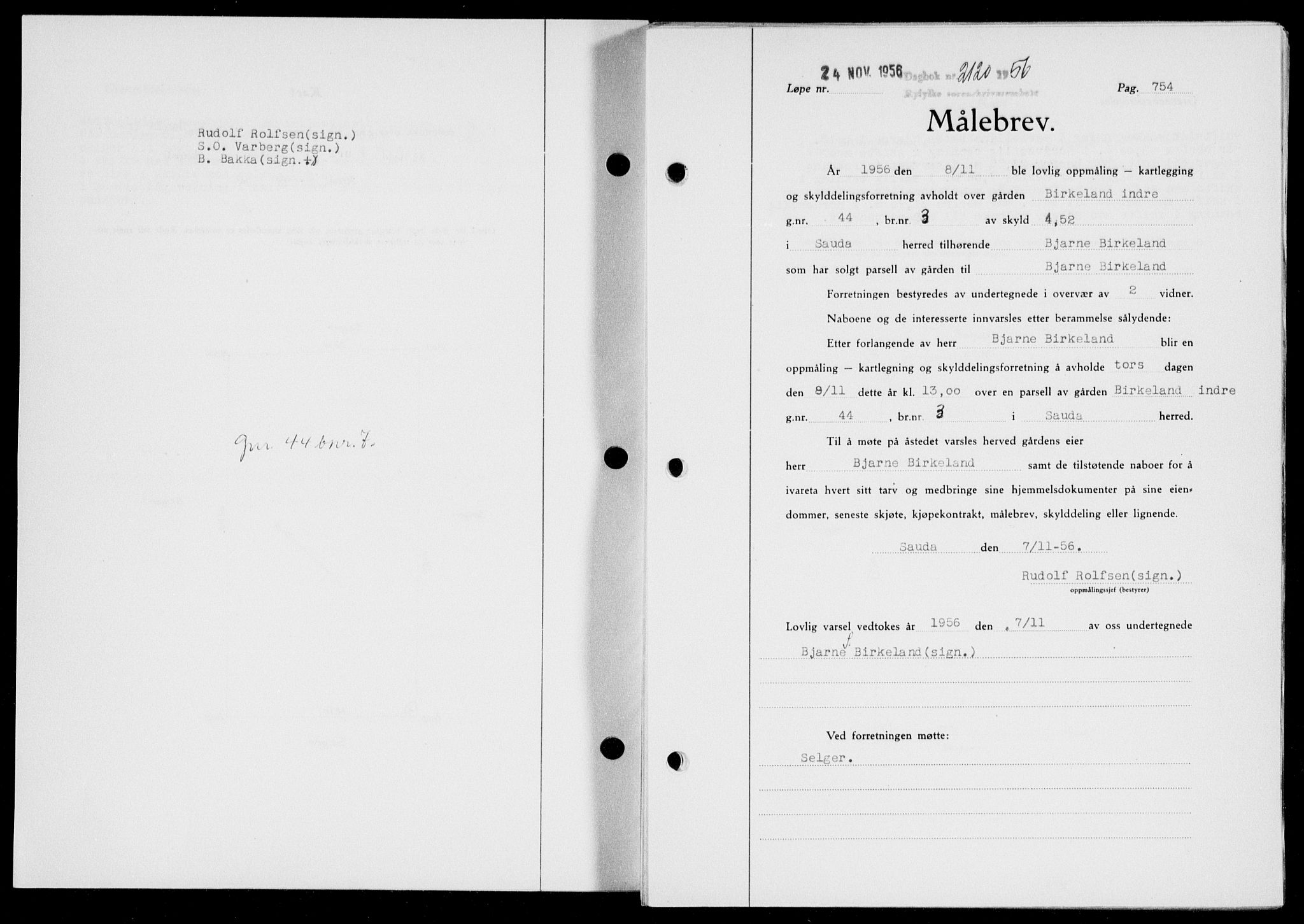 Ryfylke tingrett, AV/SAST-A-100055/001/II/IIB/L0135: Mortgage book no. 114, 1956-1957, Diary no: : 2120/1956