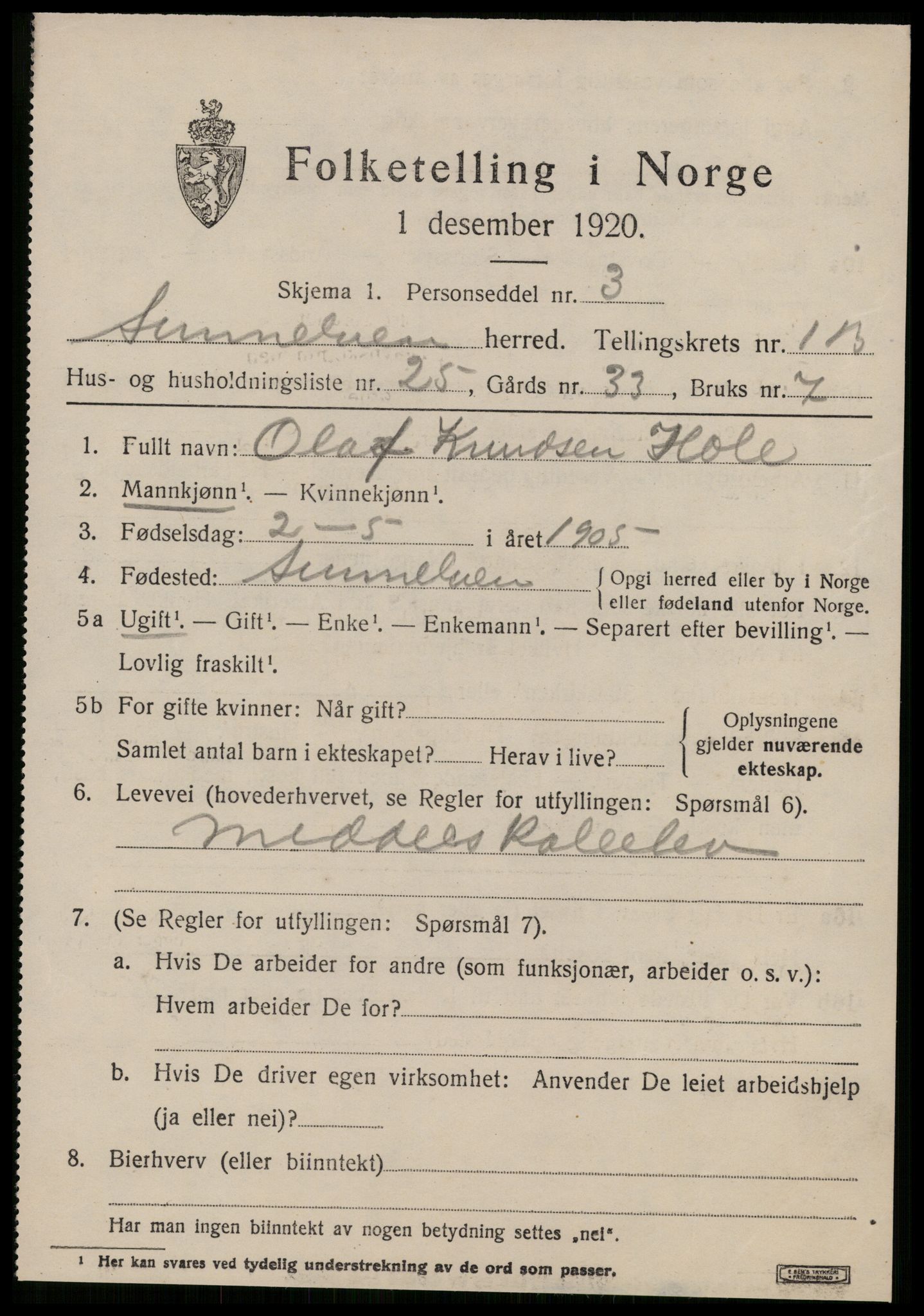 SAT, 1920 census for Sunnylven, 1920, p. 1306