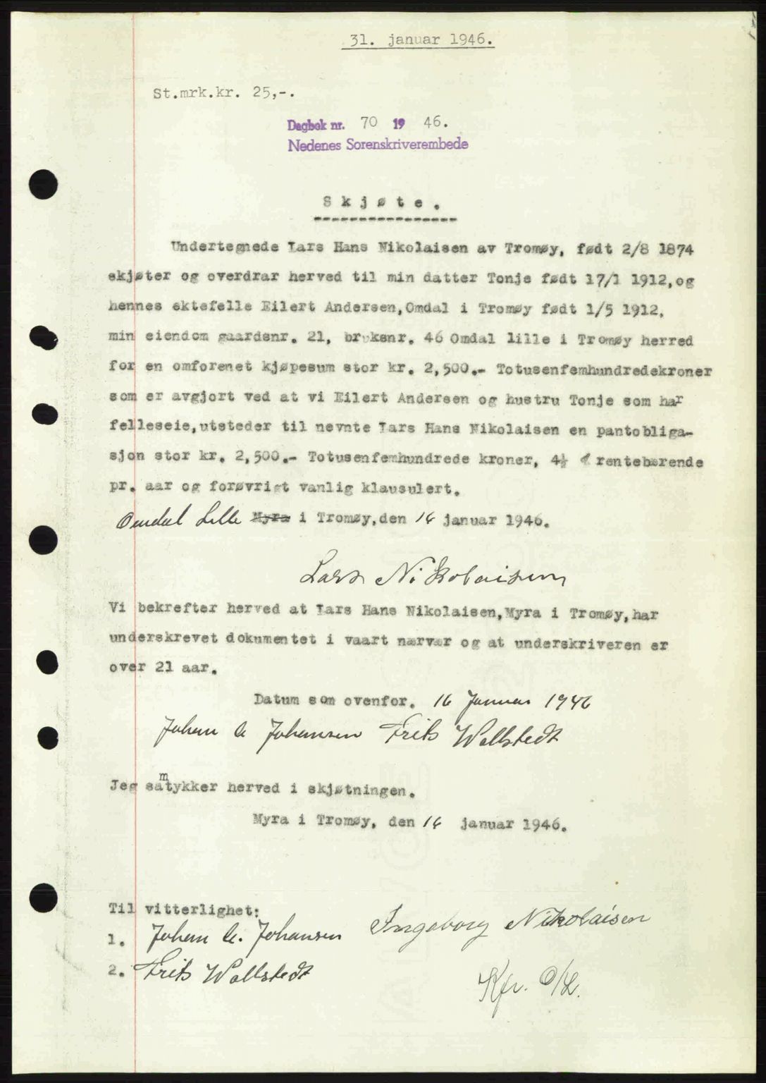 Nedenes sorenskriveri, AV/SAK-1221-0006/G/Gb/Gba/L0054: Mortgage book no. A6c, 1946-1946, Diary no: : 70/1946