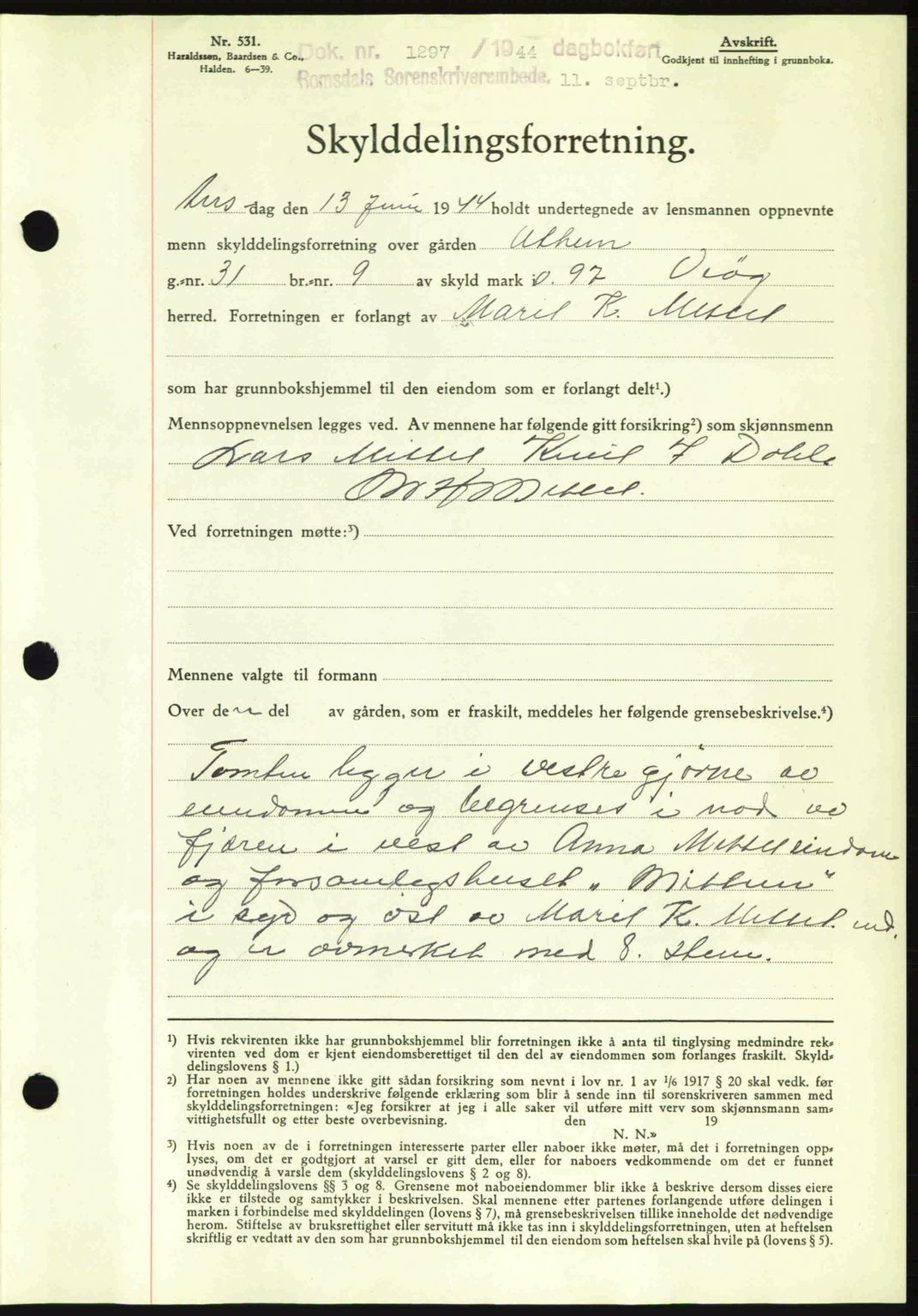 Romsdal sorenskriveri, SAT/A-4149/1/2/2C: Mortgage book no. A16, 1944-1944, Diary no: : 1297/1944