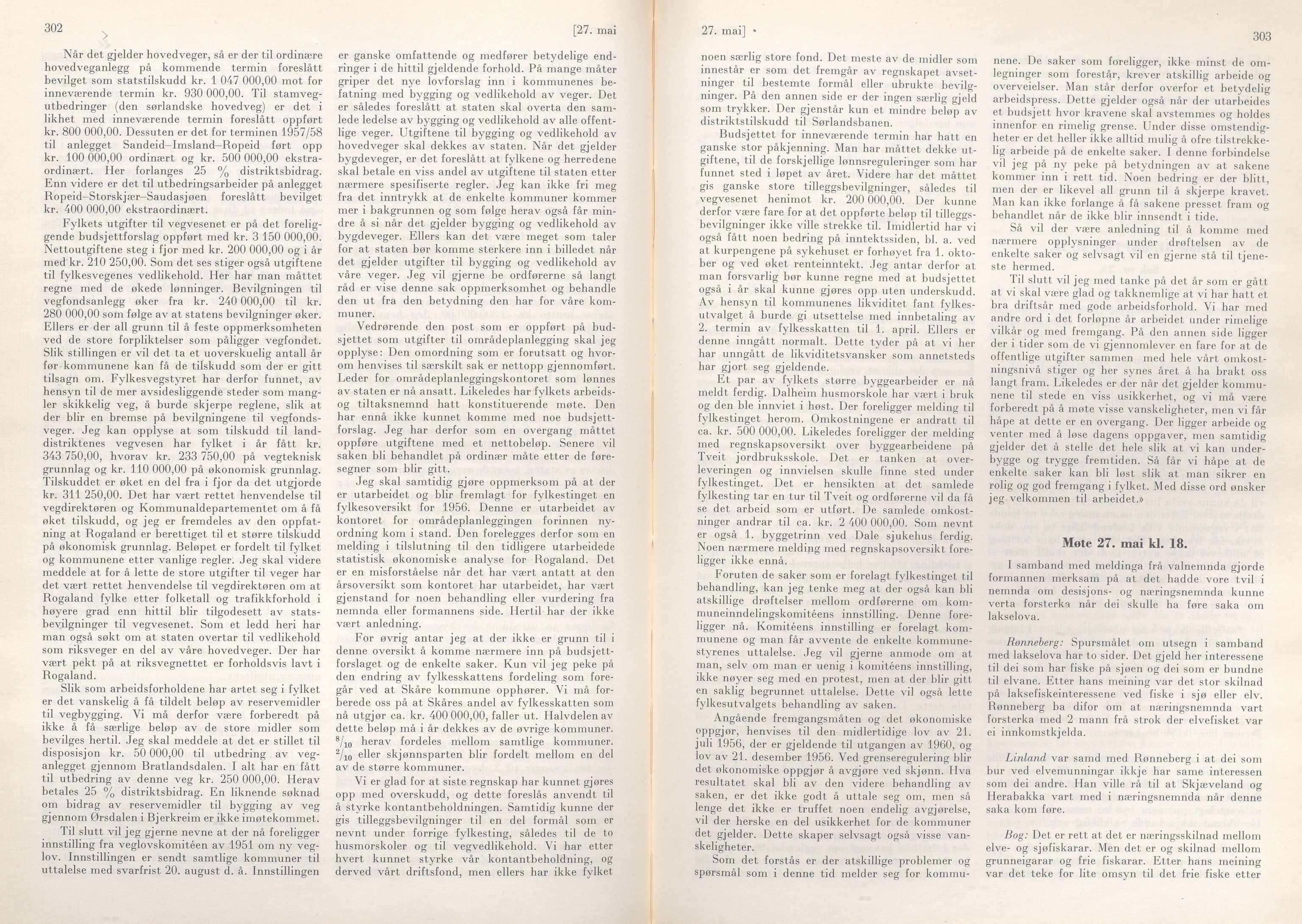 Rogaland fylkeskommune - Fylkesrådmannen , IKAR/A-900/A/Aa/Aaa/L0076: Møtebok , 1957, p. 302-303