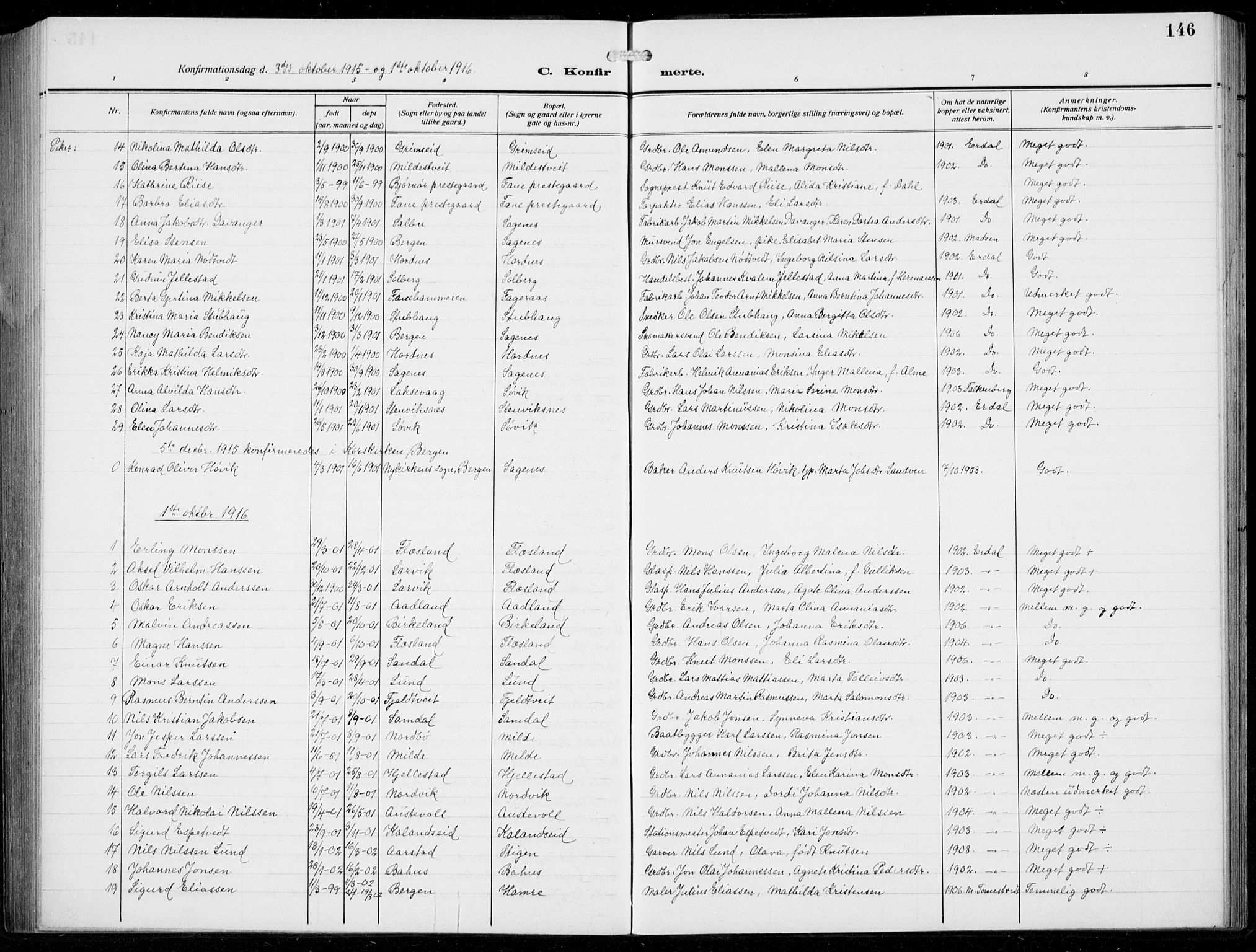 Fana Sokneprestembete, AV/SAB-A-75101/H/Hab/Haba/L0005: Parish register (copy) no. A 5, 1911-1932, p. 146