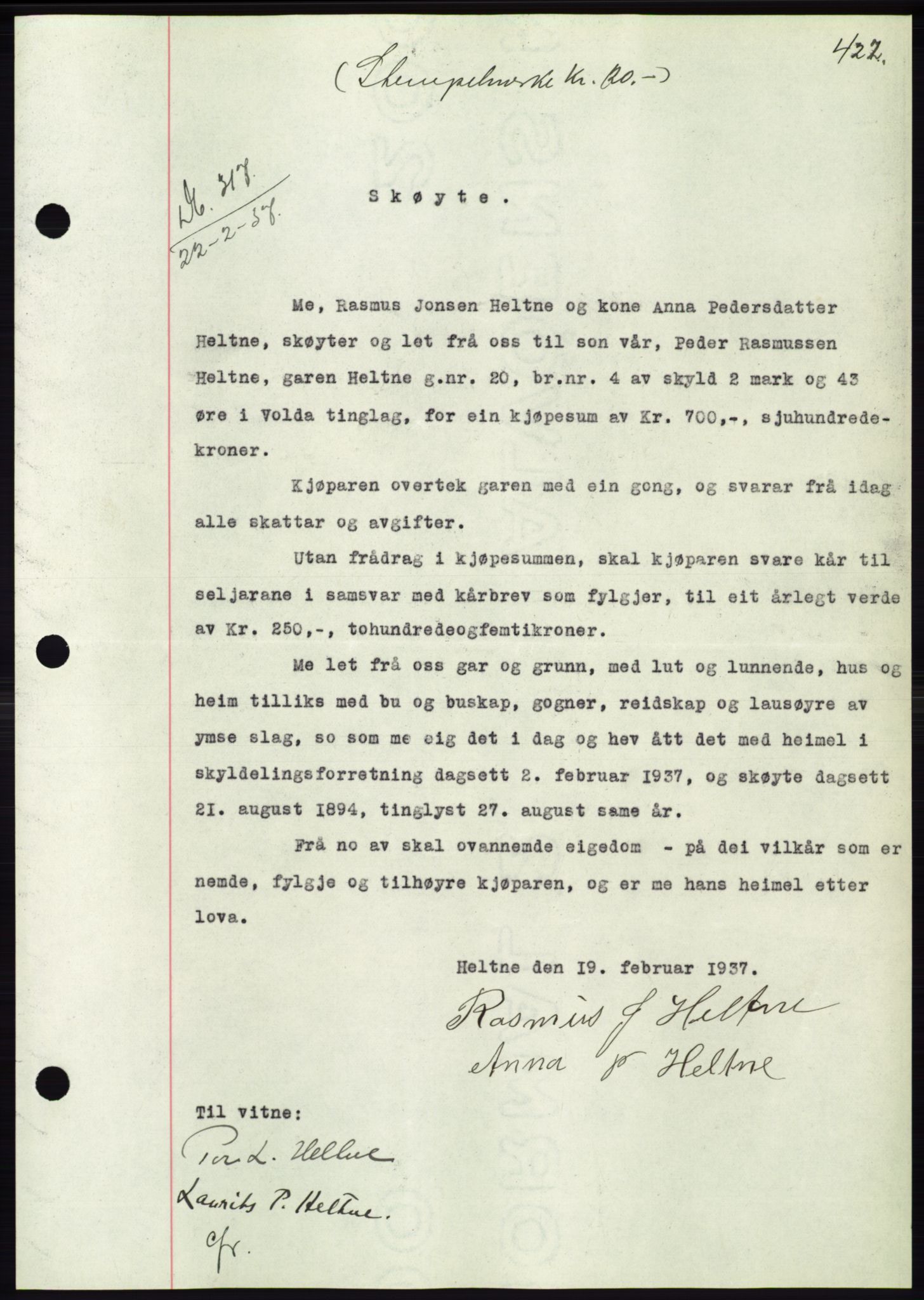 Søre Sunnmøre sorenskriveri, SAT/A-4122/1/2/2C/L0062: Mortgage book no. 56, 1936-1937, Diary no: : 317/1937
