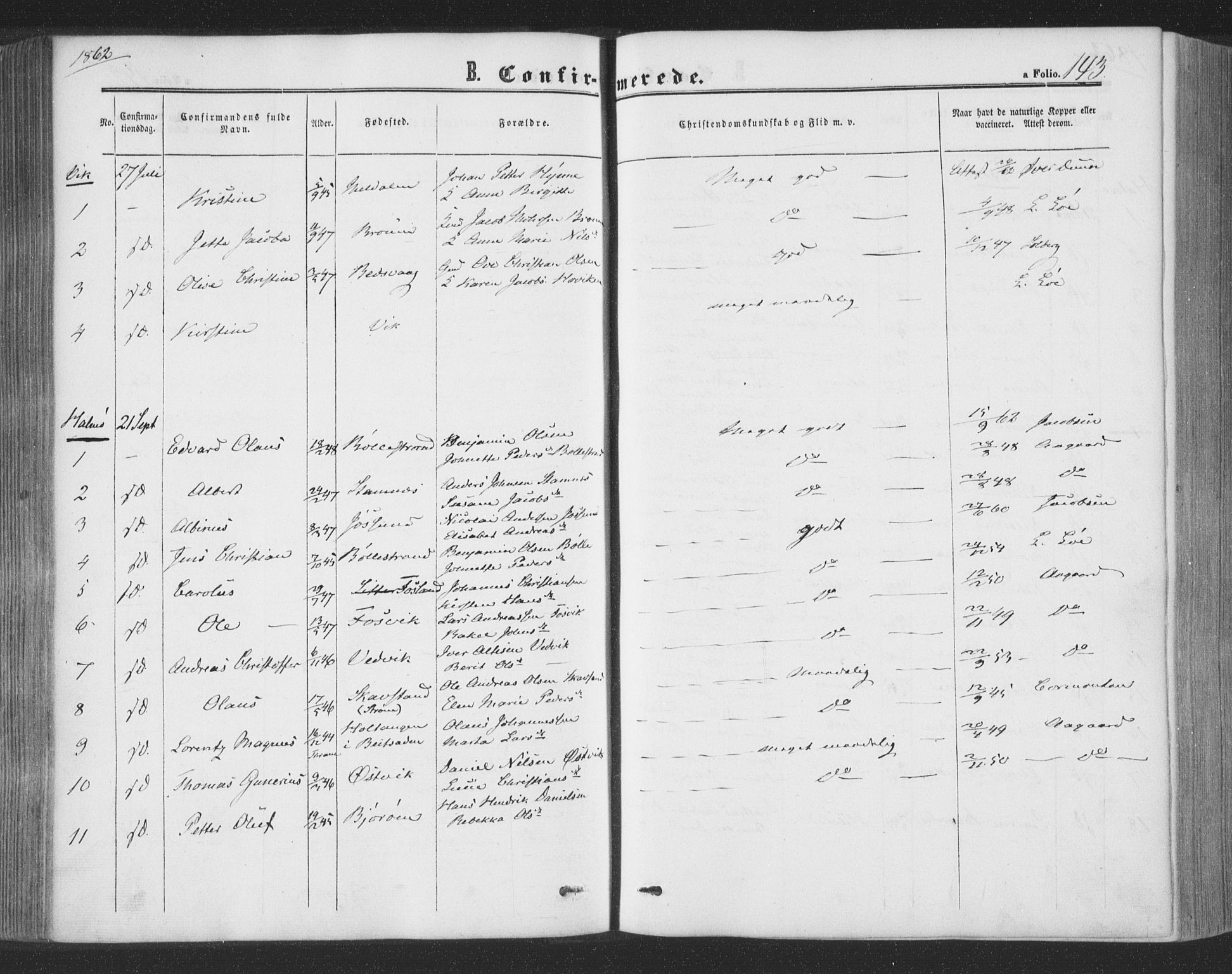Ministerialprotokoller, klokkerbøker og fødselsregistre - Nord-Trøndelag, SAT/A-1458/773/L0615: Parish register (official) no. 773A06, 1857-1870, p. 143