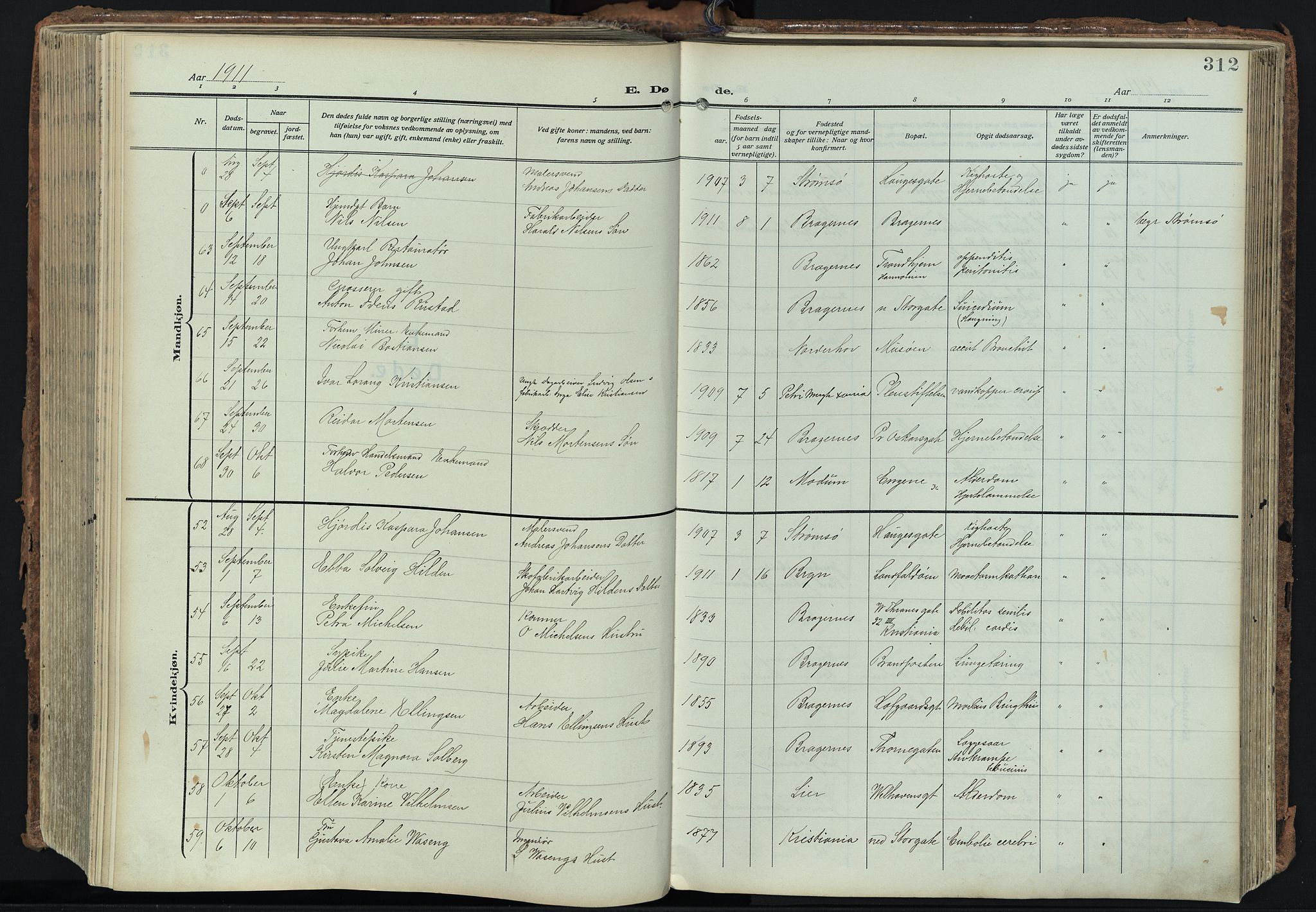 Bragernes kirkebøker, SAKO/A-6/F/Fb/L0010: Parish register (official) no. II 10, 1911-1922, p. 312