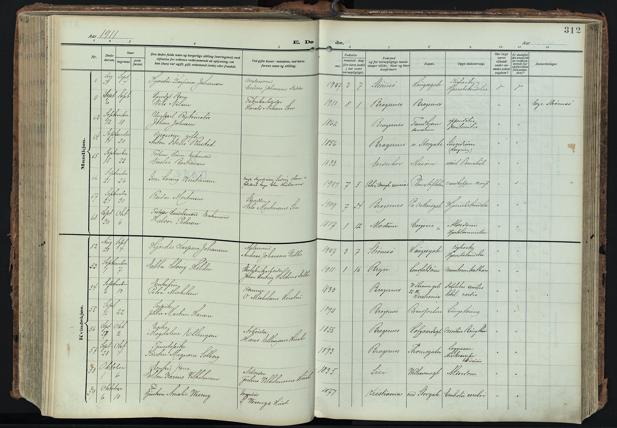 Bragernes kirkebøker, AV/SAKO-A-6/F/Fb/L0010: Parish register (official) no. II 10, 1911-1922, p. 312