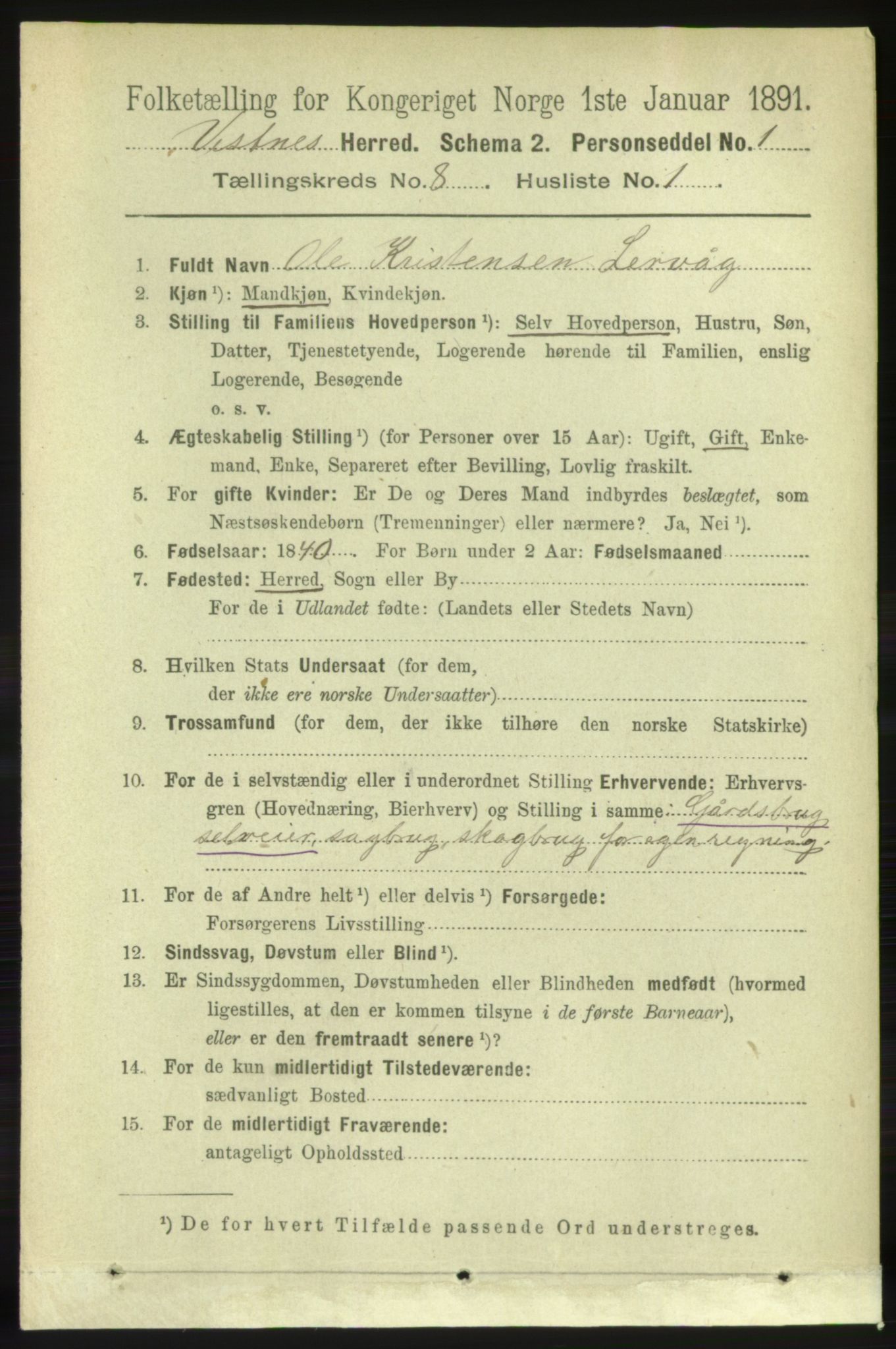 RA, 1891 census for 1535 Vestnes, 1891, p. 3153