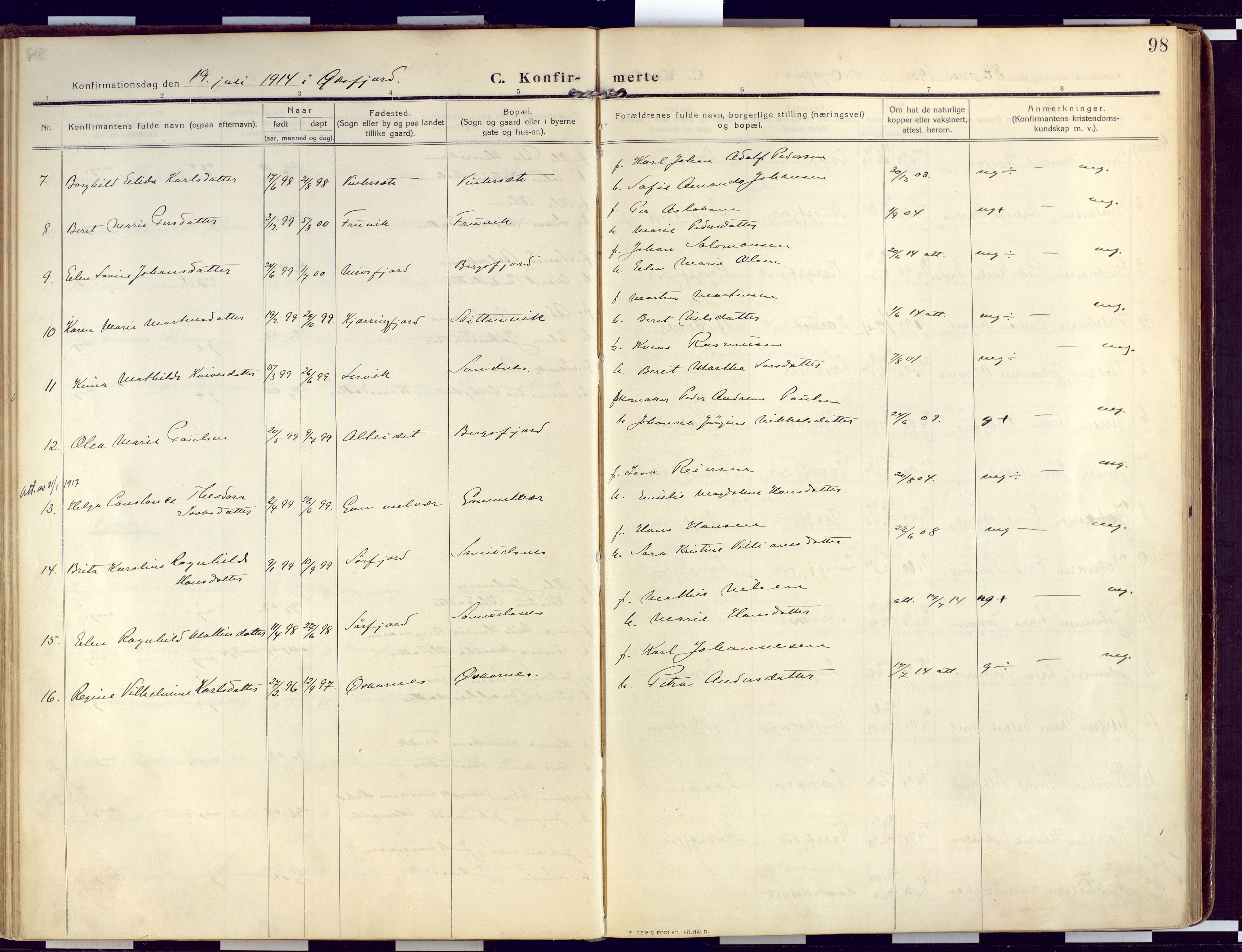 Loppa sokneprestkontor, SATØ/S-1339/H/Ha/L0011kirke: Parish register (official) no. 11, 1909-1919, p. 98