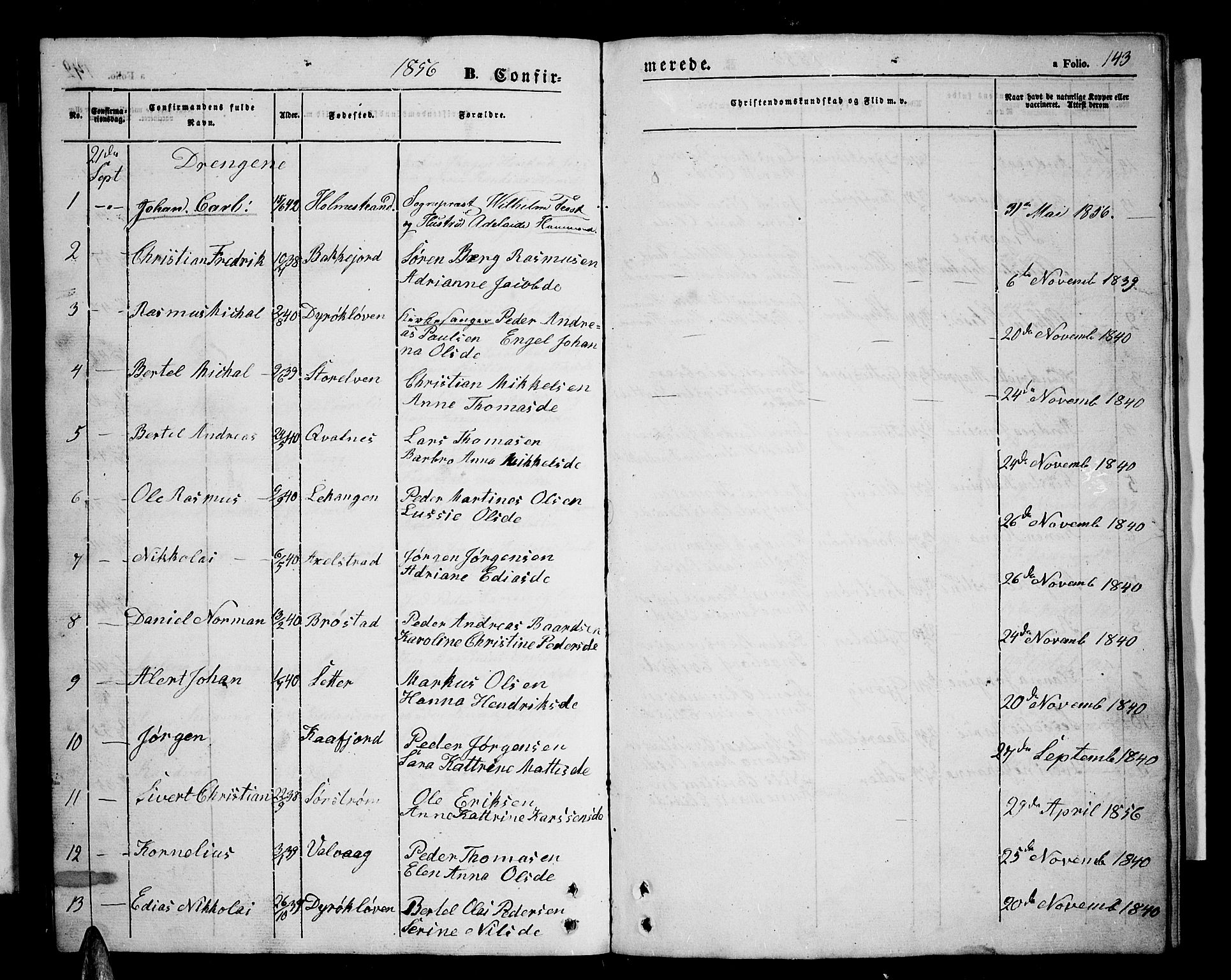 Tranøy sokneprestkontor, SATØ/S-1313/I/Ia/Iab/L0002klokker: Parish register (copy) no. 2, 1847-1860, p. 143