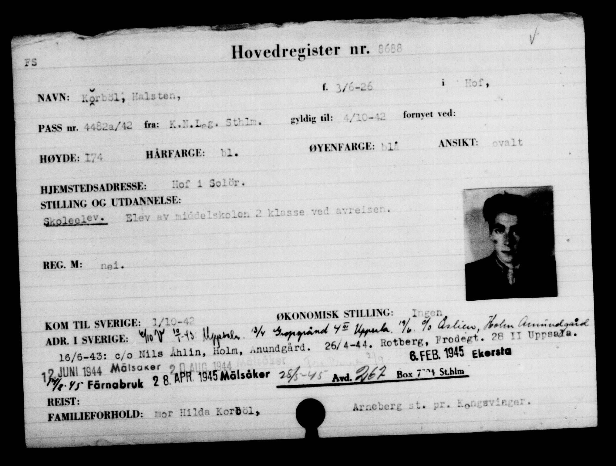 Utenriksstasjonene, Legasjonen i Stockholm, Flyktningkontoret, AV/RA-S-6753/V/Va/L0005: Kjesäterkartoteket, flyktninger med registreringsnr. 6600-9417, 1940-1945, p. 2440