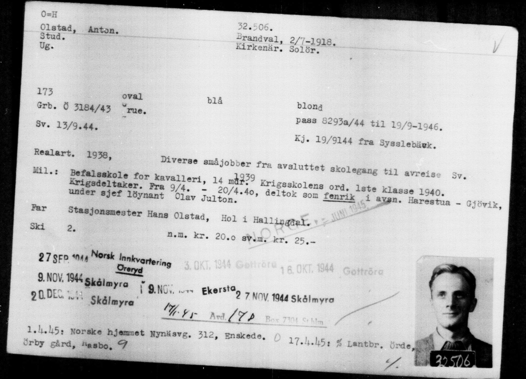 Utenriksstasjonene, Legasjonen i Stockholm, Flyktningkontoret, AV/RA-S-6753/V/Va/L0013: Kjesäterkartoteket, flyktninger med registreringsnr. 31500-34731, 1940-1945, p. 1062