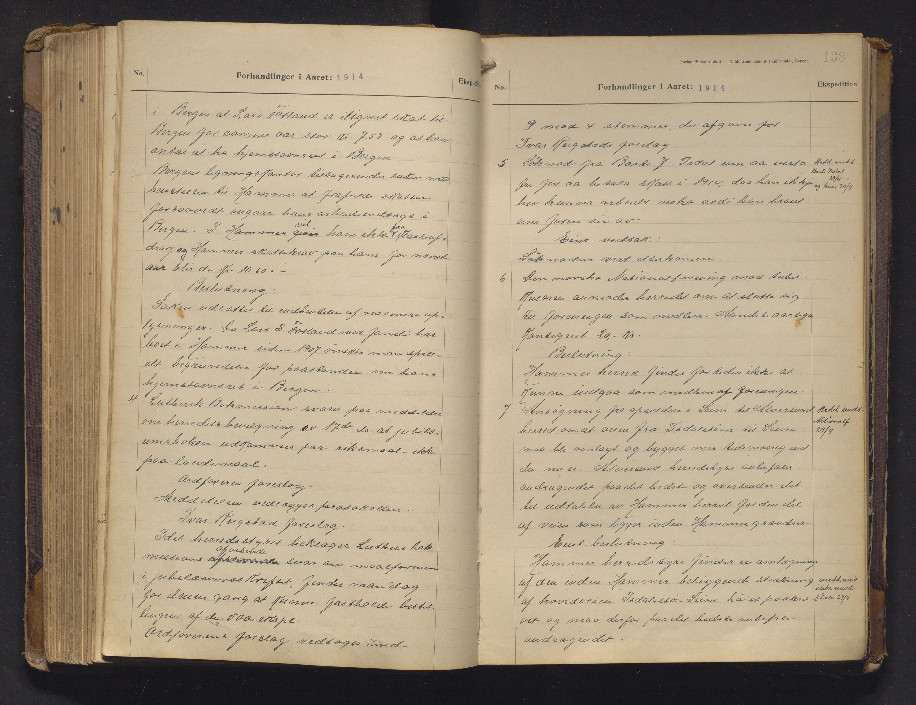 Hamre kommune. Formannskapet, IKAH/1254-021/A/Aa/L0006: Møtebok for Hamre formannskap og heradsstyre, 1909-1918, p. 138