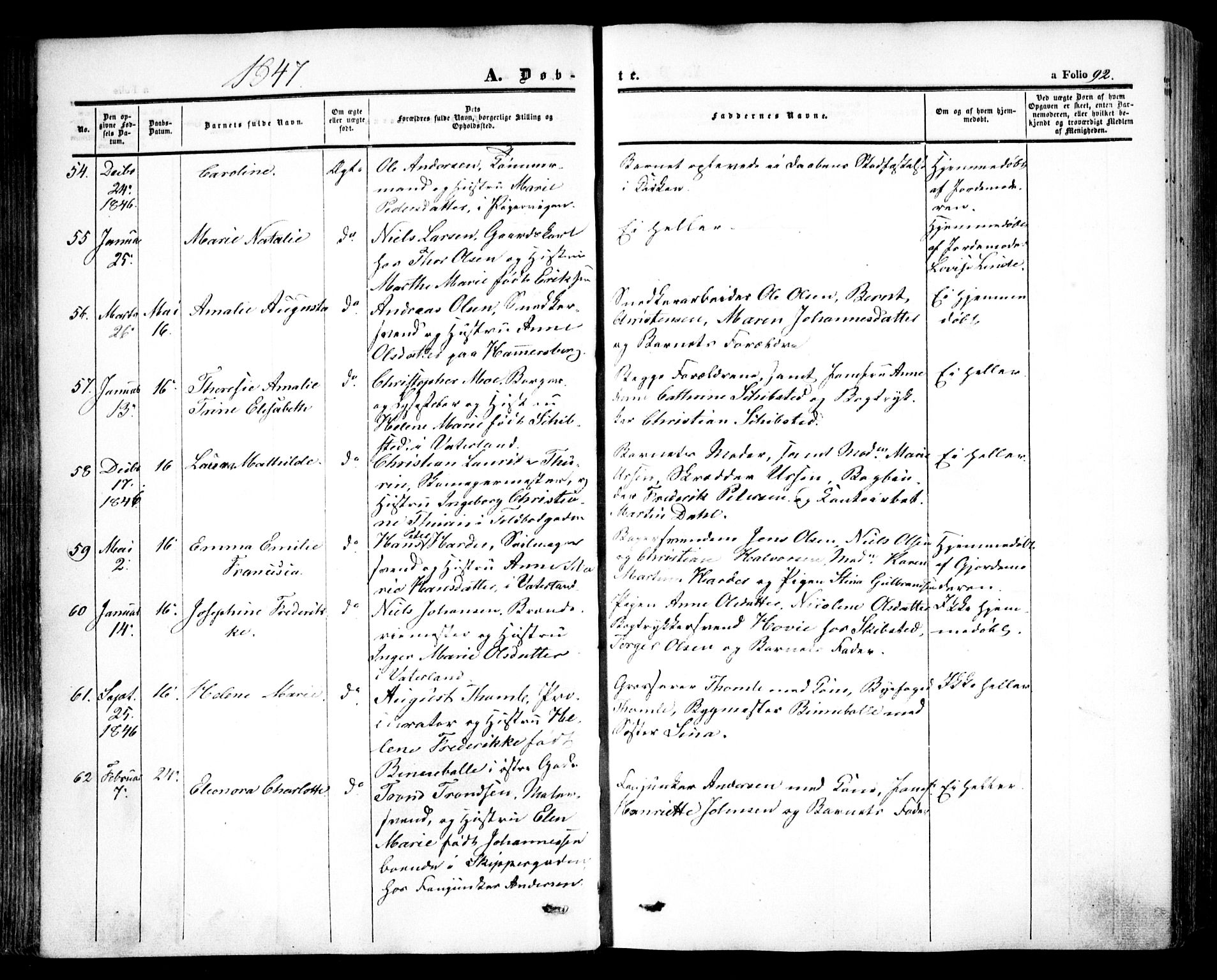 Oslo domkirke Kirkebøker, SAO/A-10752/F/Fa/L0013: Parish register (official) no. 13, 1844-1864, p. 92