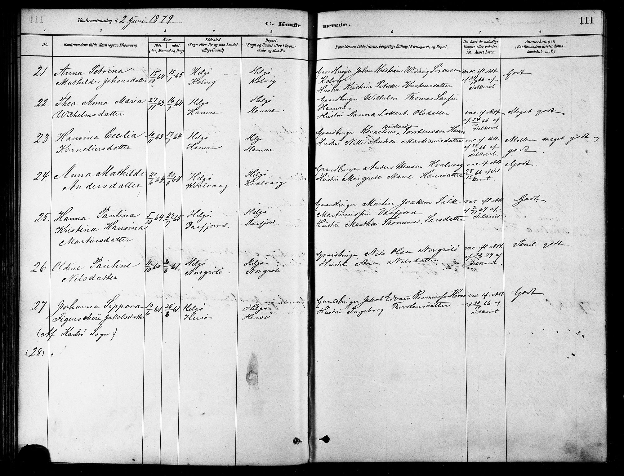 Karlsøy sokneprestembete, AV/SATØ-S-1299/H/Ha/Haa/L0006kirke: Parish register (official) no. 6, 1879-1890, p. 111